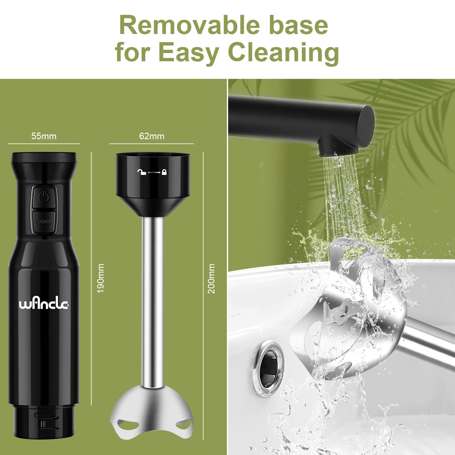 Stabmixer, Wancle pürierstab 600W Elektrischer hand blender Rührstab mit Turbo für die Zubereitung von Babynahrung, Salaten, Suppen und Gemüs (Black)