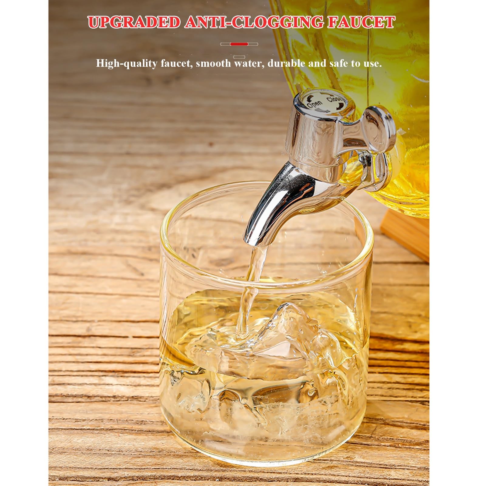Szklany dozownik napojów, 1 l / 3 l / 5 l Dozowniki napojów lodowych z kranikiem i drewnianym stojakiem, dozownik wody do lodówki na imprezę (3 l)