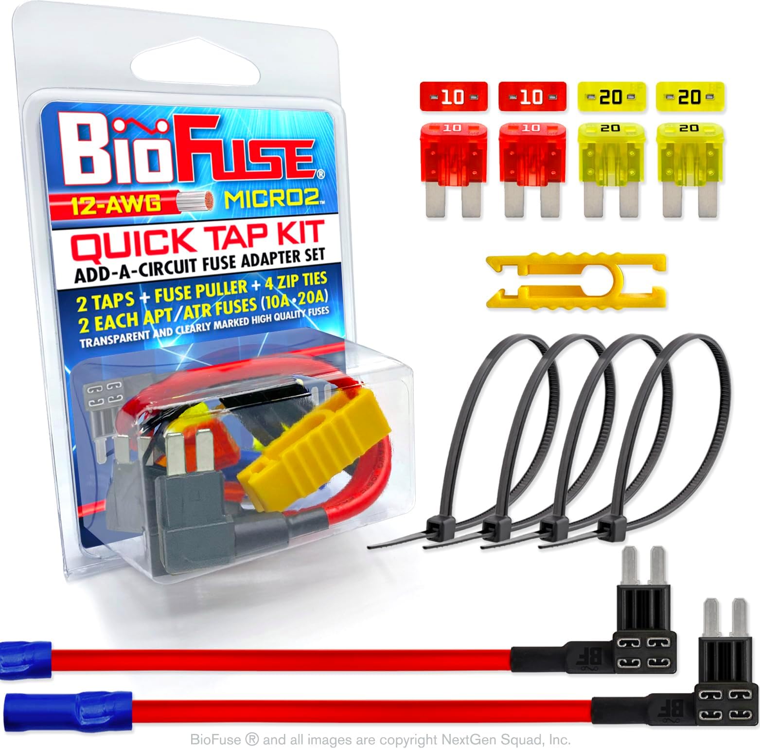 BioFuse 12V Micro2 APT ATR QUICK TAP KIT: 2 Add-A-Circuit Fuse Tap Adapters, 2 each (10A 20A) Micro 2 Blade Fuses, 4 Zip Ties + Fuse Puller