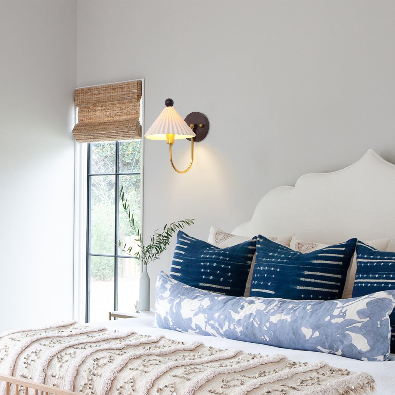 Aplique de Pared Moderno de Mediados de Siglo, lámpara de cerámica Plisada, iluminación Decorativa para Interiores, lámpara de Pared de Metal con Base Redonda de Madera, Casquillo