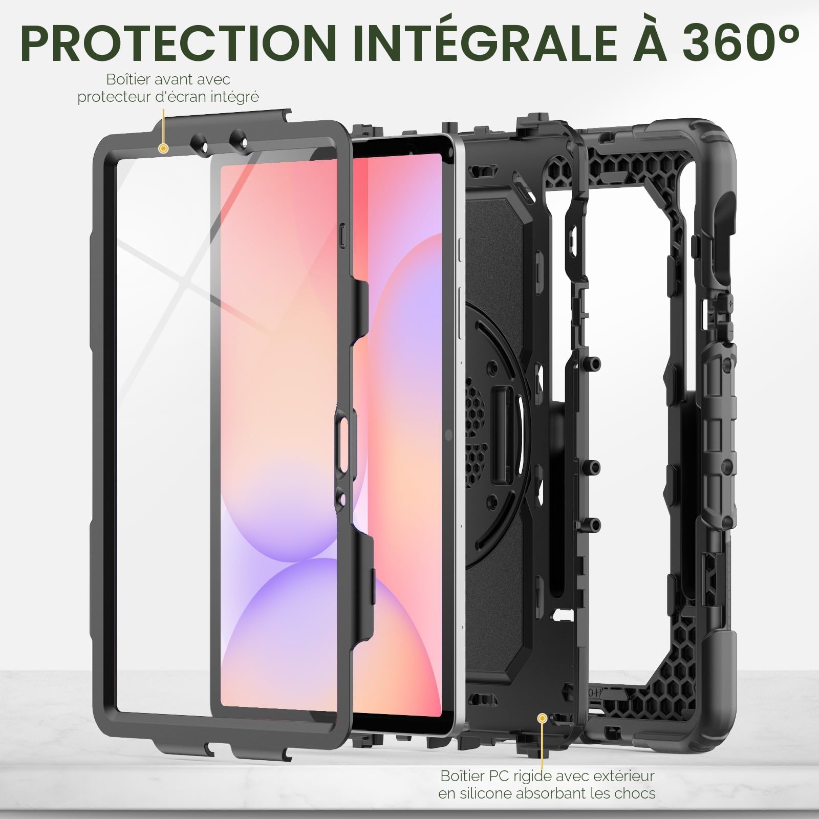 SEYMAC Coque pour Samsung Galaxy Tab S10 Lite / S10 FE / S9 FE 10.9 Pouces / S9 11 Pouces, Coque Antichoc avec Protecteur D'écran, Dragonne, Bandoulière, Support et Porte-Stylo, Noir
