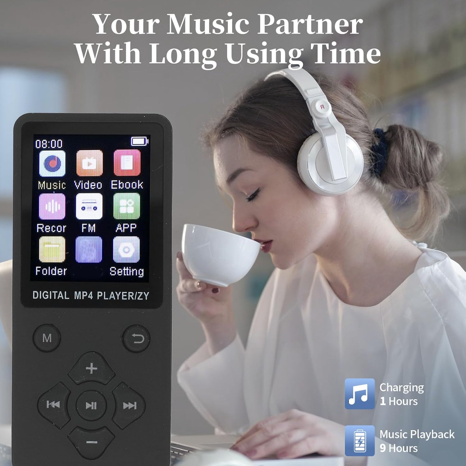 Person wearing headphones, using the ASHATA MP3 Player, with icons indicating 1 hour charging and 9 hours music playback