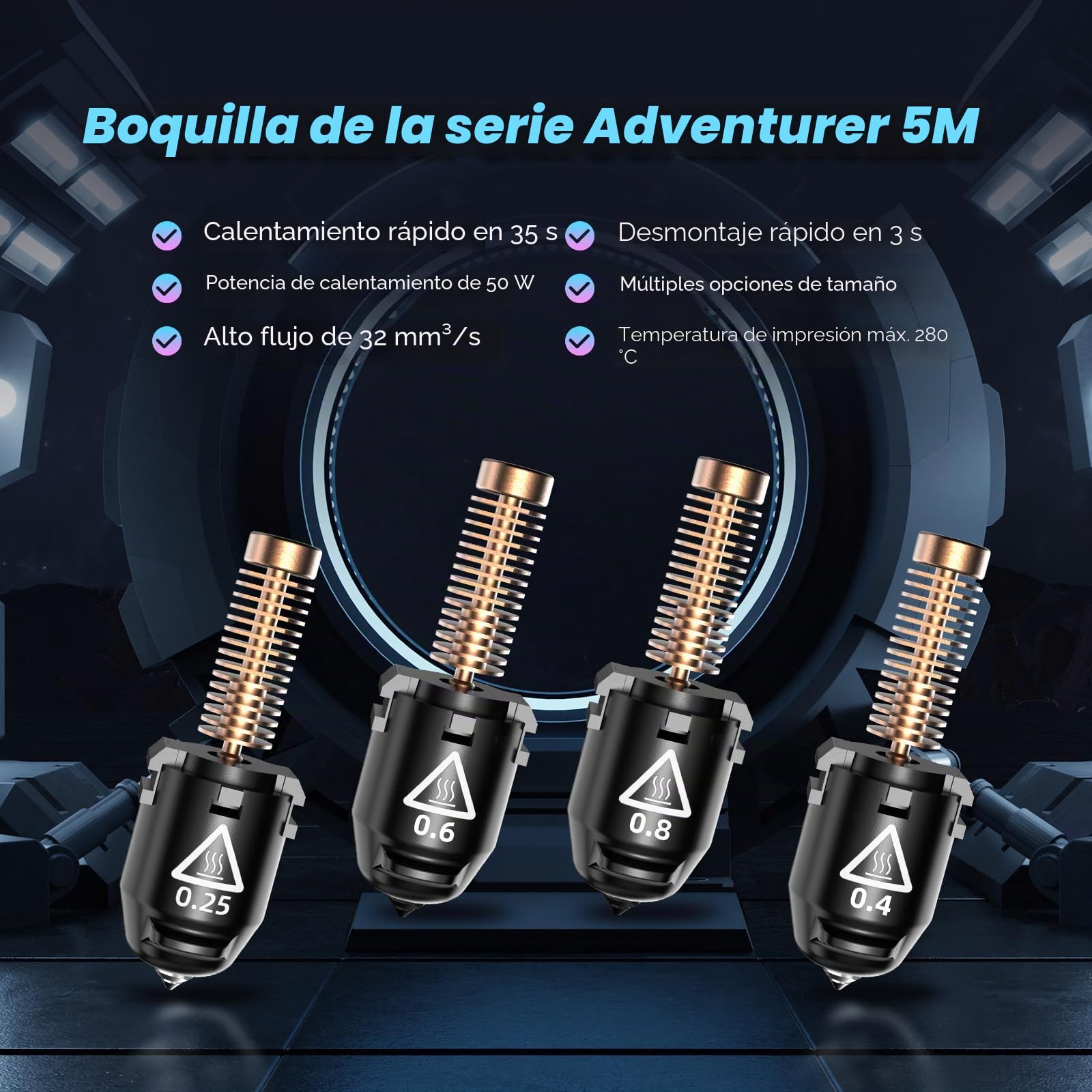 FLASHFORGE Adventurer 5M Pro Boquilla, 0.25mm 280℃ Boquilla de alto flujo de 32mm³/s para impresión estable de alta velocidad, hotend Adventurer 5M, boquilla 3S de desmontaje rápido