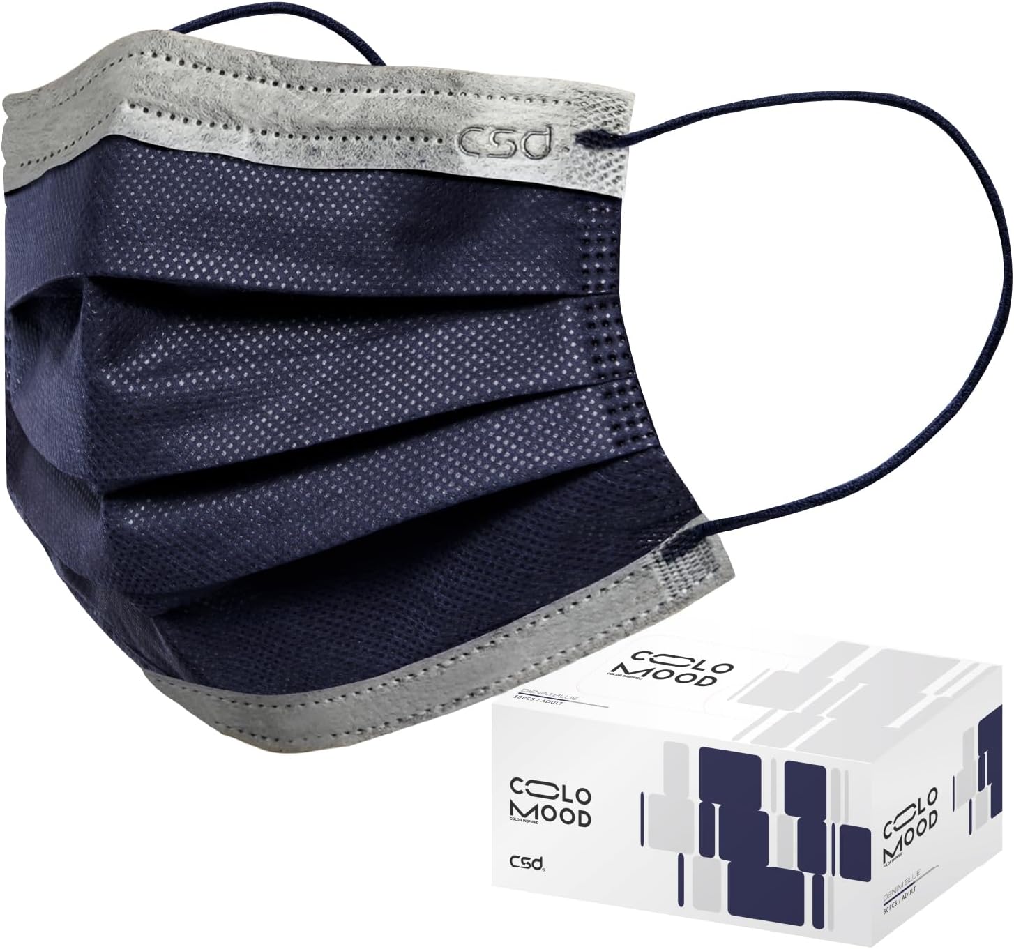 CSD Colo 50 Pcs Navy Blue Disposable Face Masks, 3 Ply Adult Mask with Elastic Ear Loop, Nose Bridge Clip, Breathable Comfortable Mask Great for Indoor, Outdoors Use (Denim Blue)