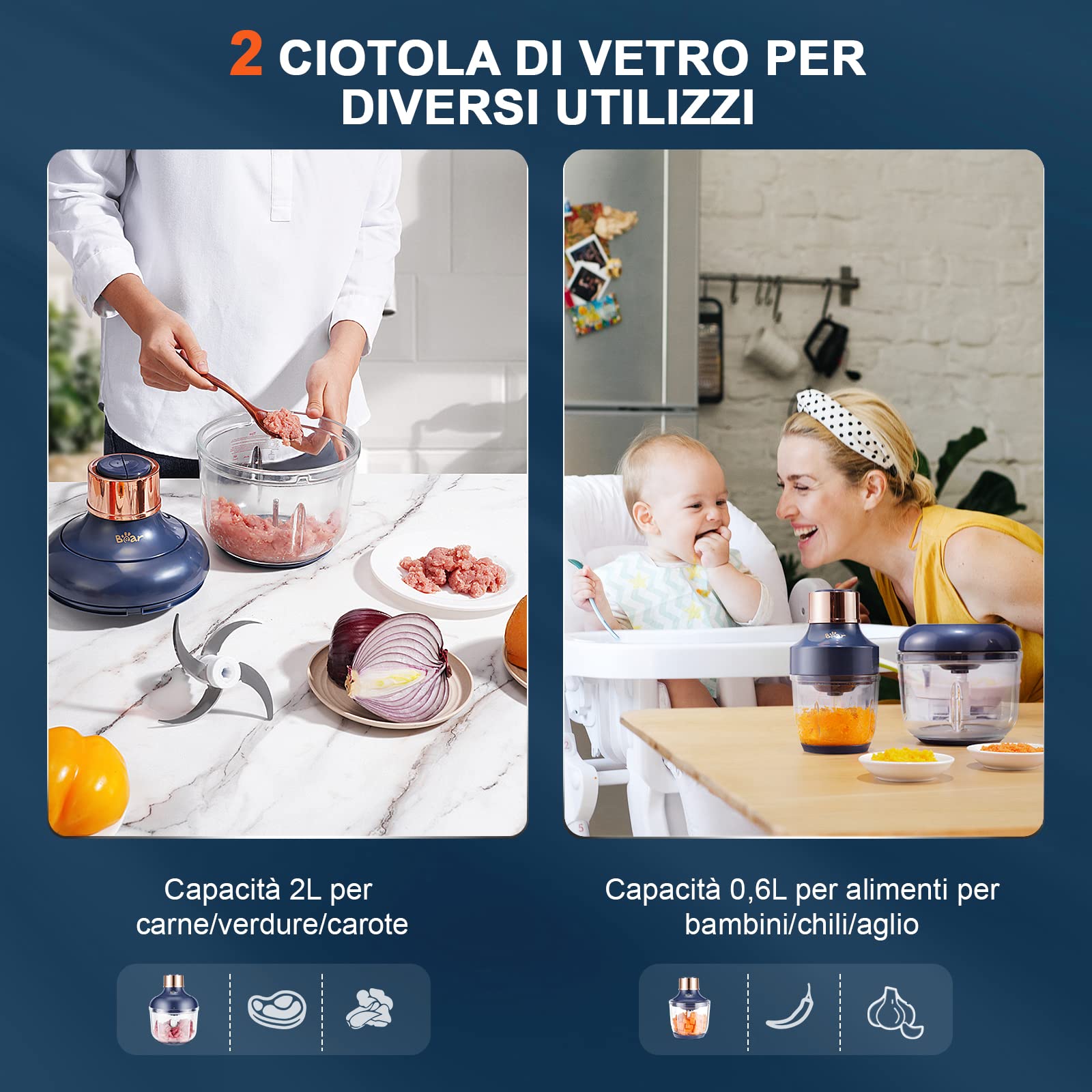 Bear Doppia Tazza Tritatrice Domestica Elettrica per Carne e Verdure - Macchina Alimentare Complementare Multifunzione per Bambini - Frullatore Piccolo
