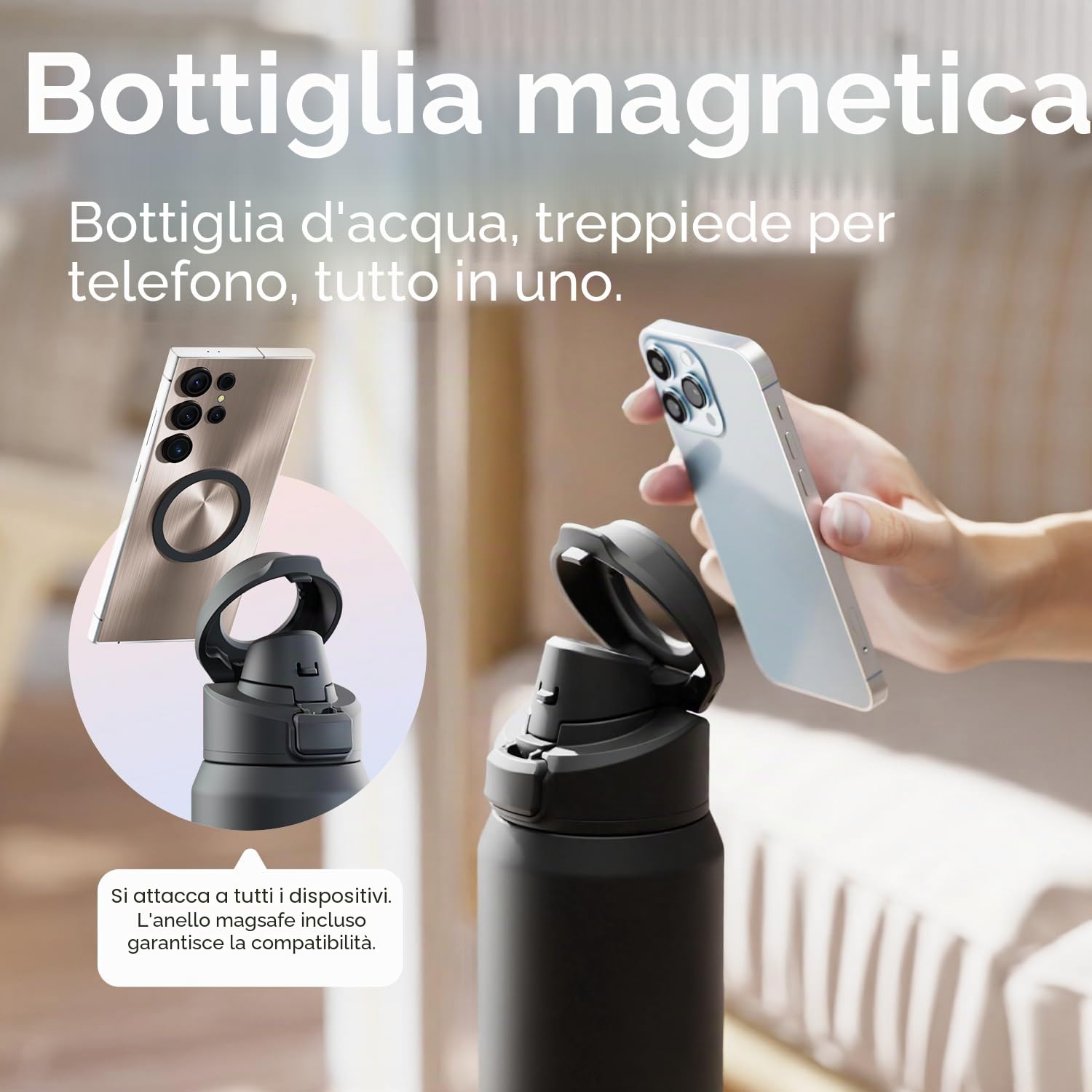 magcheer 1L Borraccia Magnetica con Porta Telefono | Treppiede Con Angoli Regolabili | Senza BPA A Prova di Perdite | Borraccia Termica 24ore Freddo per Palestra Ufficio Viaggi(Nero)