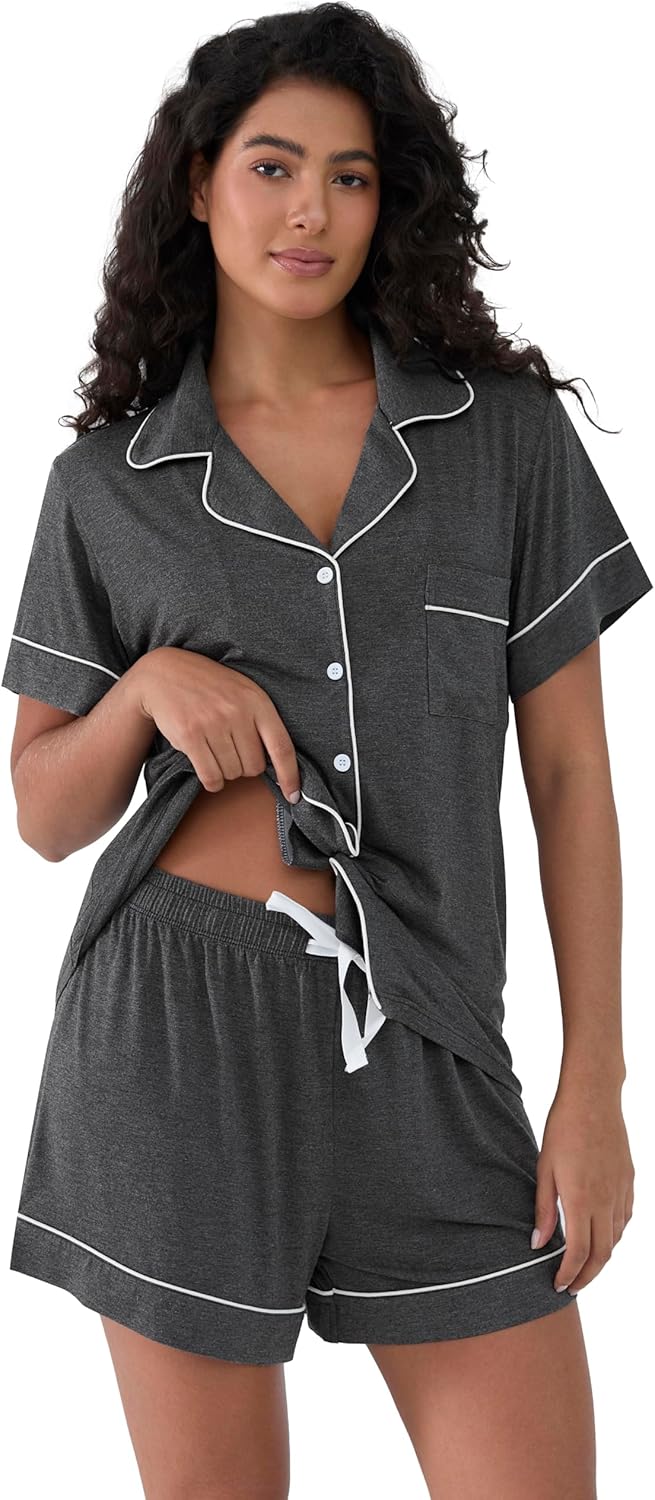 Joyaria Womens Cooling Bambo Viscose Pajamas Short Sleeve Button Down Pj Shorts Set Ultra Soft Summer Sleepwear-Small-XXL