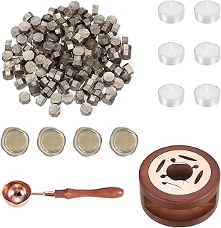 PATIKIL Wax Seal Kit, 150 Pcs Wax Sealing Beads, Wooden Warmer, Melted Spoon, 6 Pcs Tealight Candles for Envelope Letter Mailing Crafts DIY, Champagne Gold
