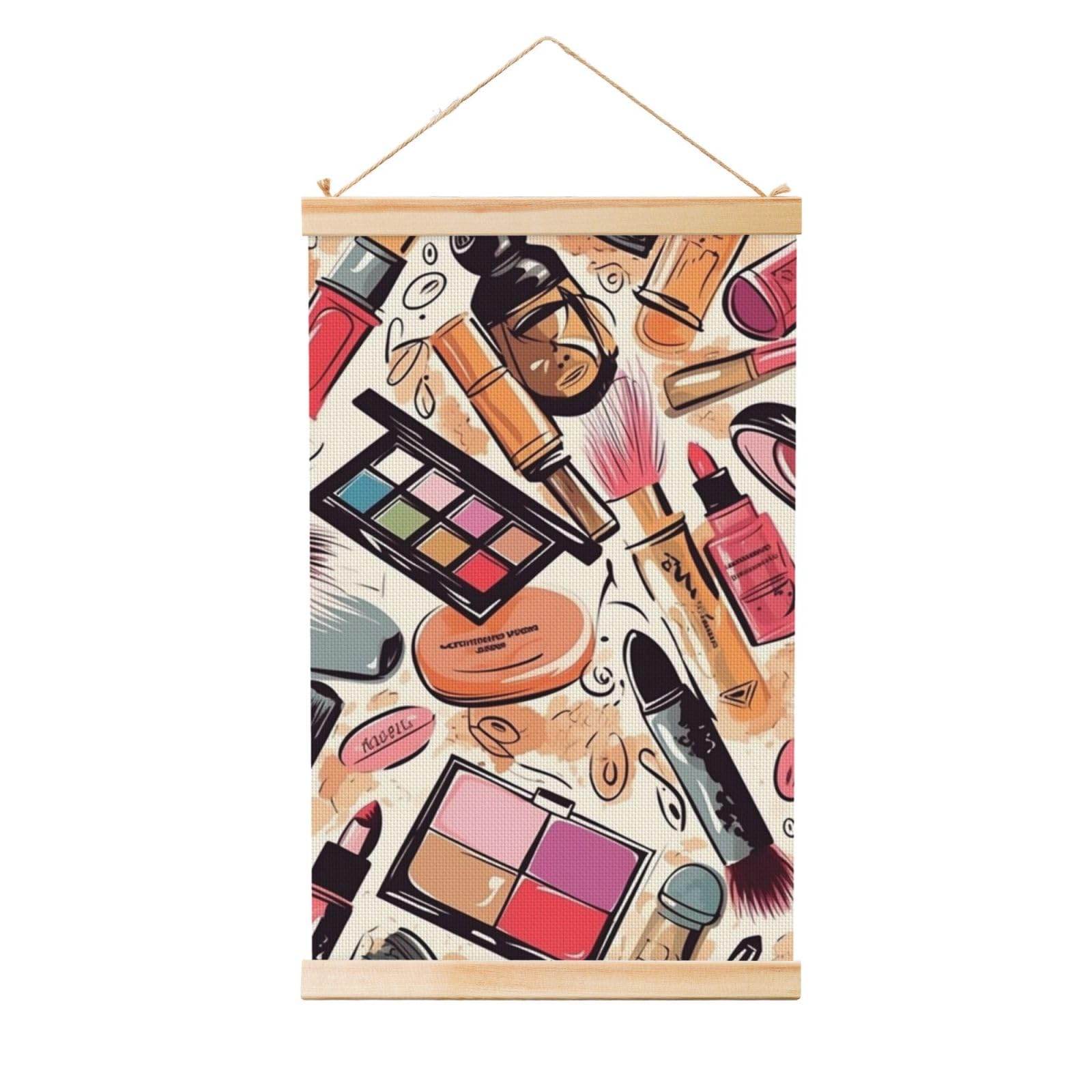 Cosmetic And Makeup Theme Pattern Poster Wooden Shaft Hanging Poster Wall Hanging Banner Canvas Artwork with Wood Frames 12"x18" Modern Artwork Decor Ready to Hang Wall Art for Home Decor Scroll