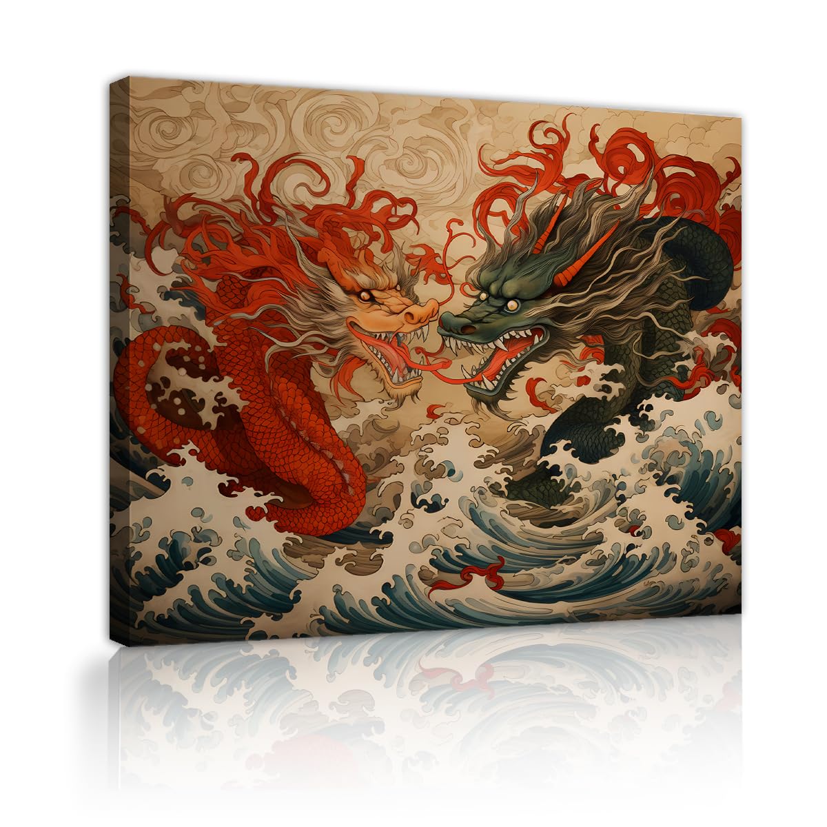 Via Vela Fresques de style asiatique traditionnel affiches imprimées dragon et vagues abstraites sur toile art mural rétro pour la décoration hôtelière 90x120cm