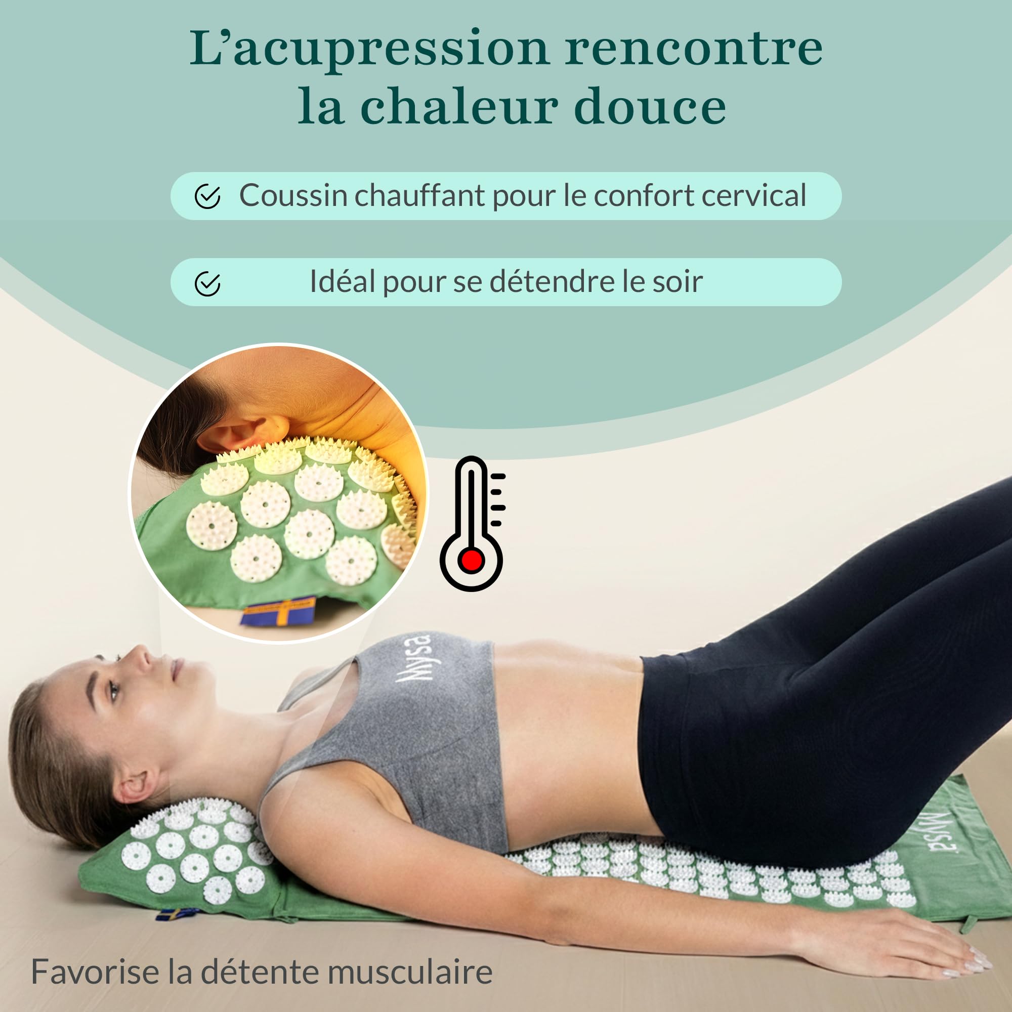 Thermo MYSA Duo - Tapis d'acupression Original avec Coussin Thermique – Relaxation Dos et Nuque, Fleurs à 33 Points de précision, Bien-être Total, Design suédois