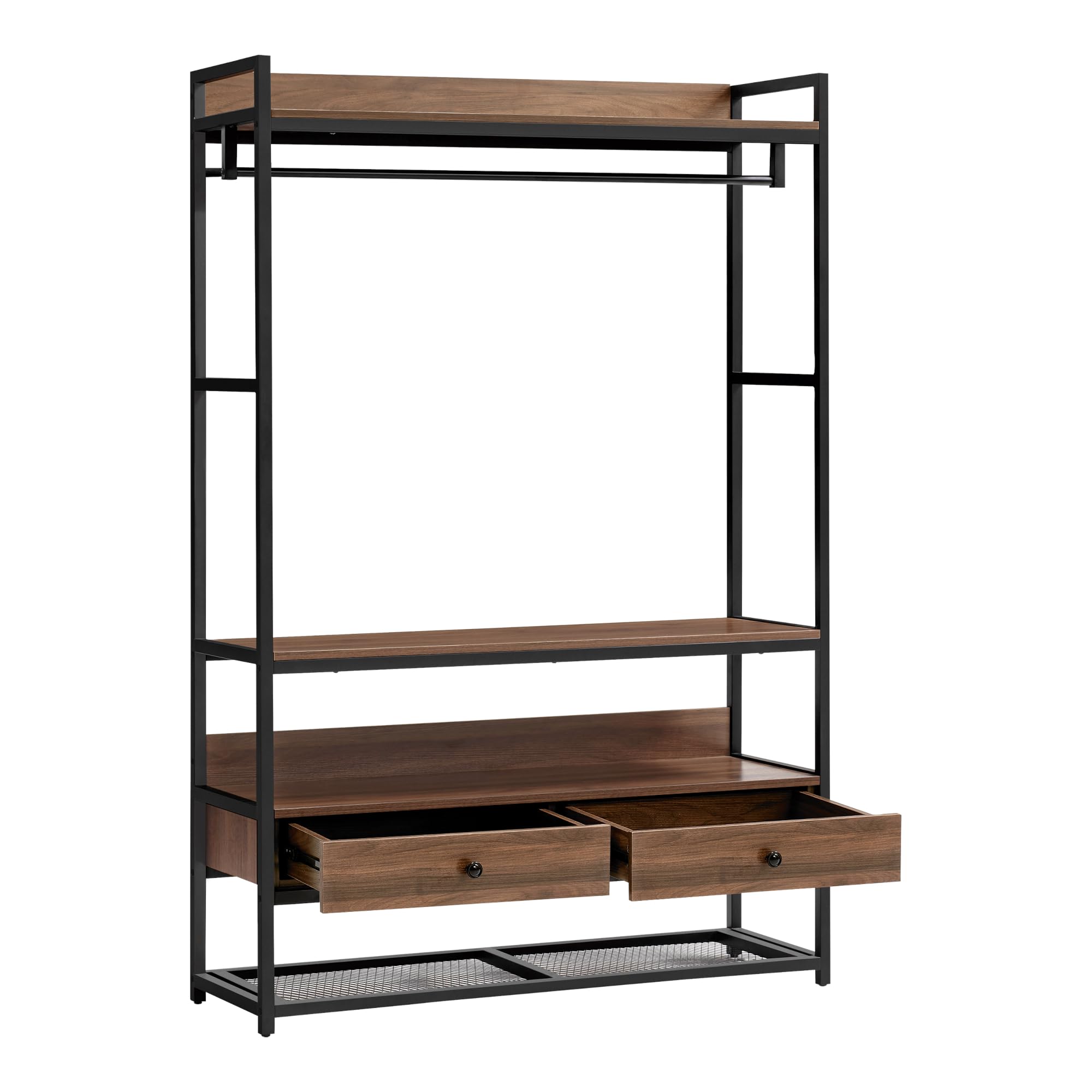 [en.casa] Armadio Aperto per Guardaroba Appendiabiti da Terra 180 x 120 x 40 cm Mobile Organizzatore per Cabina Armadio con Cassetti Ripiani MDF Barra Porta Abiti - Color Noce/Nero
