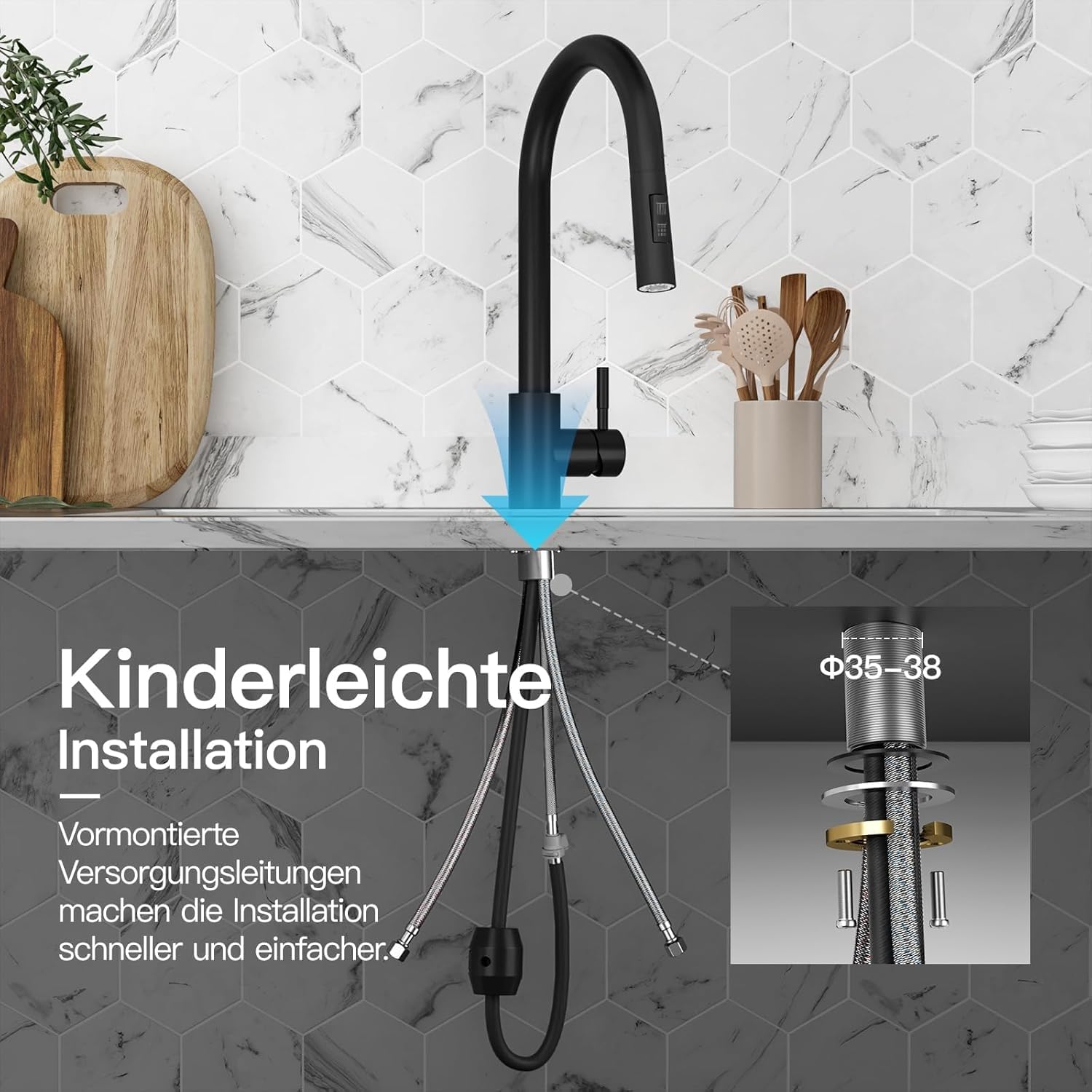 Rainsworth Czarna bateria kuchenna z wylewką, wyciągana - wysokociśnieniowa bateria kuchenna z dwoma rodzajami strumienia wody, armatura do zlewozmywaka obracana o 360°, bateria mieszakowa ze stali