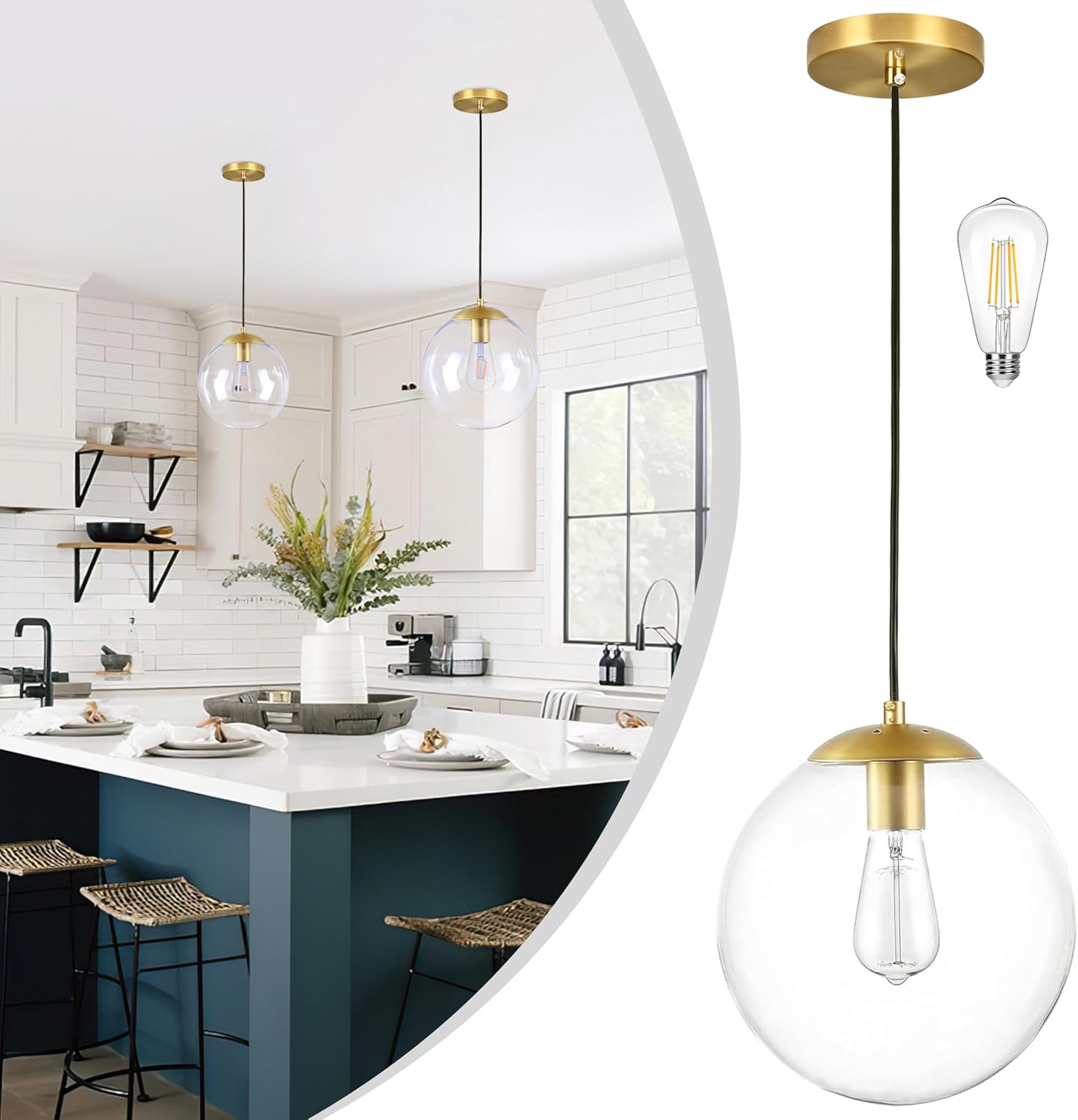 KoKo&Yukina 10" Globe Pendant Light Gold Mid Century Pendant Glass Globe Light Fixture Mid Century Modern Light Fixture Brushed Brass Finished with Clear Glass Lampshade for Dining Room Bedroom Clear & Brass 10 inch