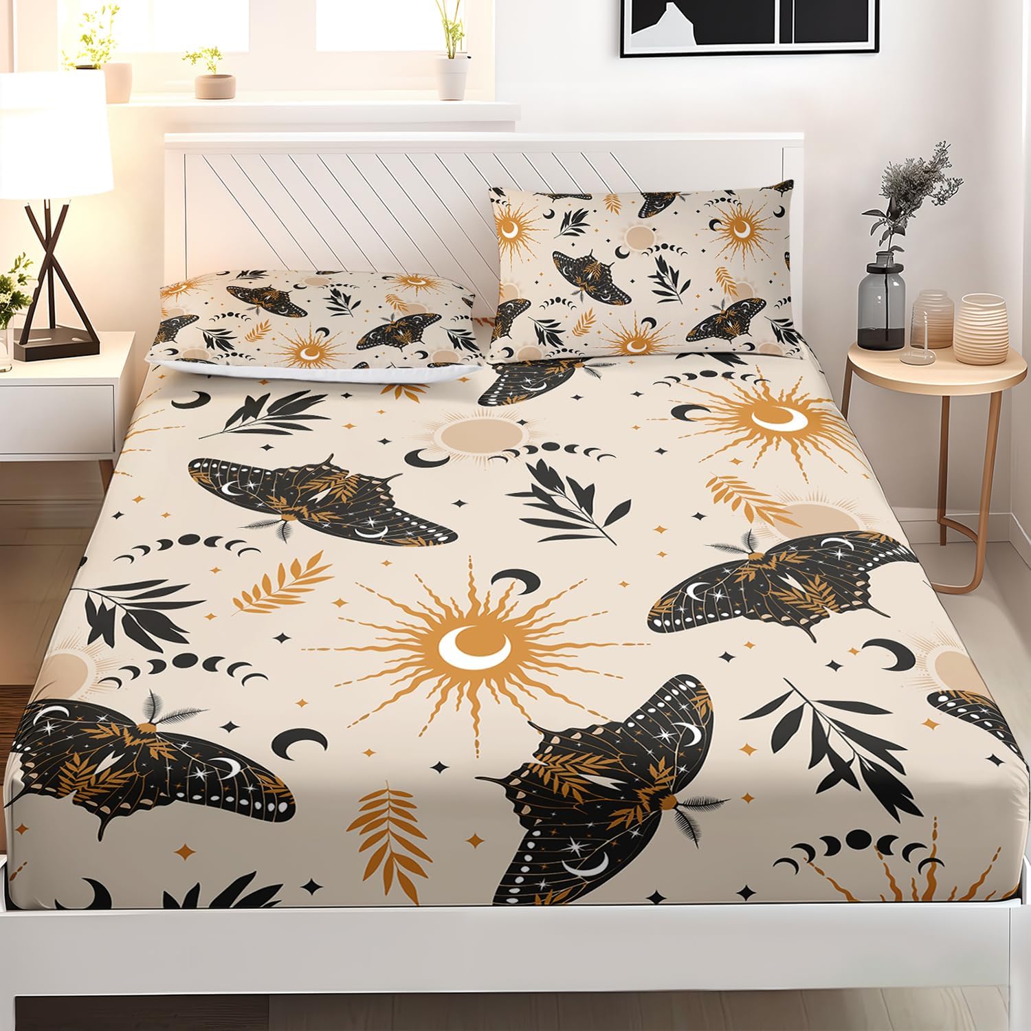 AILONEN Sun and Moon Death Moth Fitted Sheet Set Full Size - Gothic Room Decor - 3 Pieces Bed Sheet Set With 2 Pillowcases