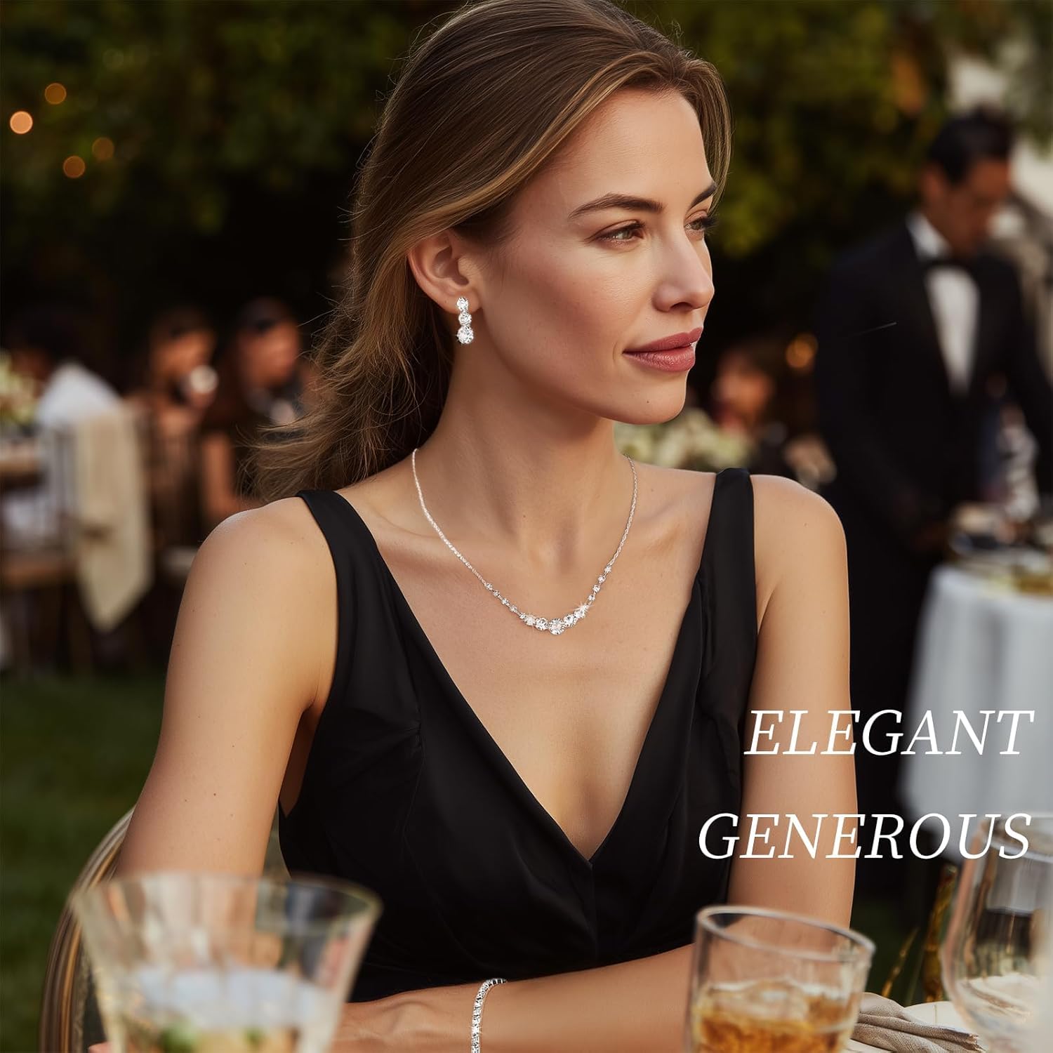 Eyesoul Silver Plated Jewelry Set for Women Rhinestone Crystal Necklace Drop Earrings Link Bangle Bracelet Bridal Wedding Jewelry Sets for Brides Bridemaid Prom Costume Accessories - Image 2