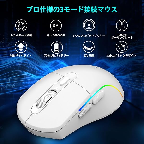 e元素ワイヤレスゲーミングマウス 10000DPI トリプルモード(2.4GHz/BT5.1/USB-C有線) RGBバックライト 6つのプログラマブルボタン 人間工学充電式 PC/Mac/PS/Xbox対応 ホワイト - 2