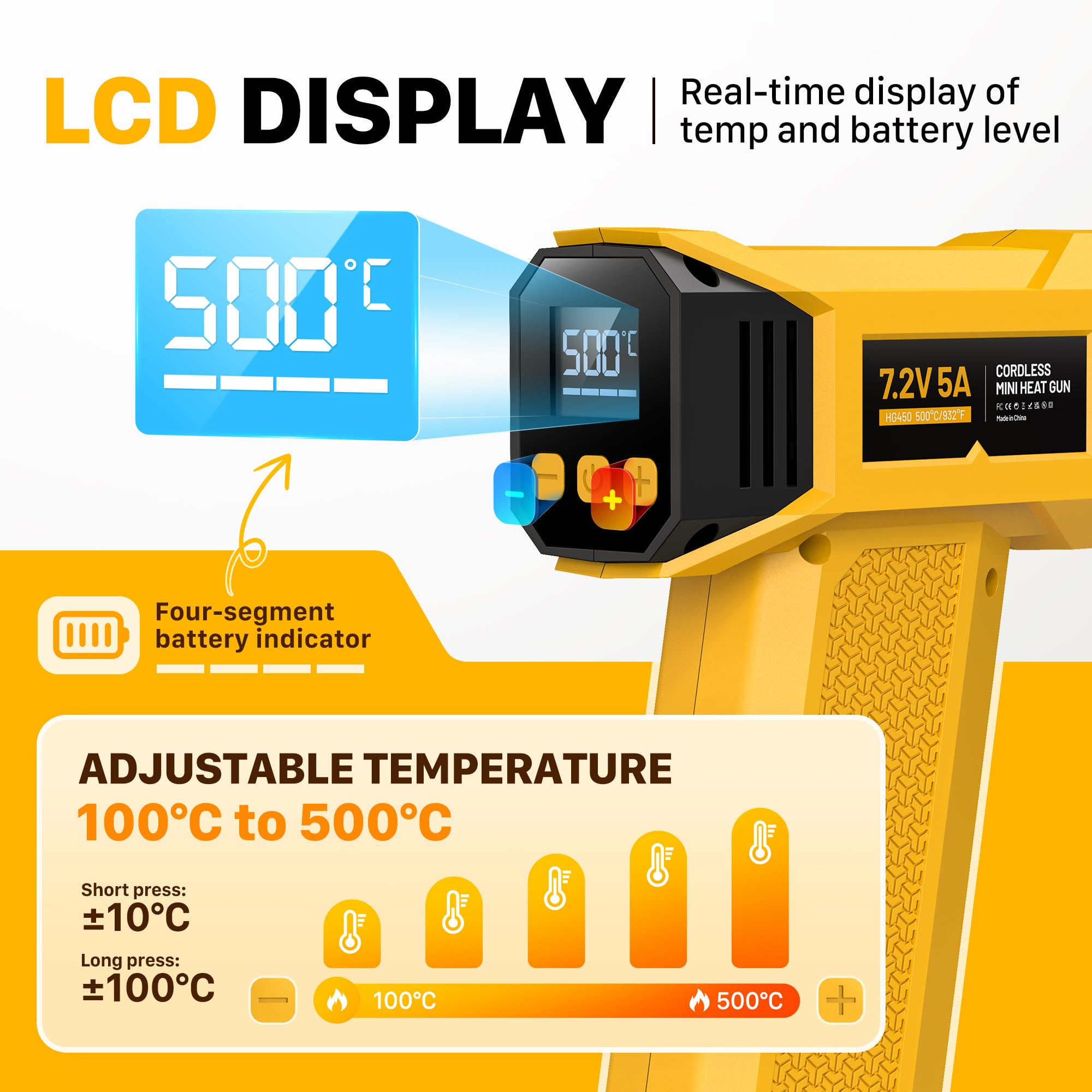SEEKONE 7,2V Kabellose Mini Heißluftfön, Mini Heißluftpistole mit variabler Temperaturregelung (100℃–500℃), 5000mAh, USB-Ladefunktion, LCD-Display, Speicherfunktion, Reflektordüse für Bastelarbeiten
