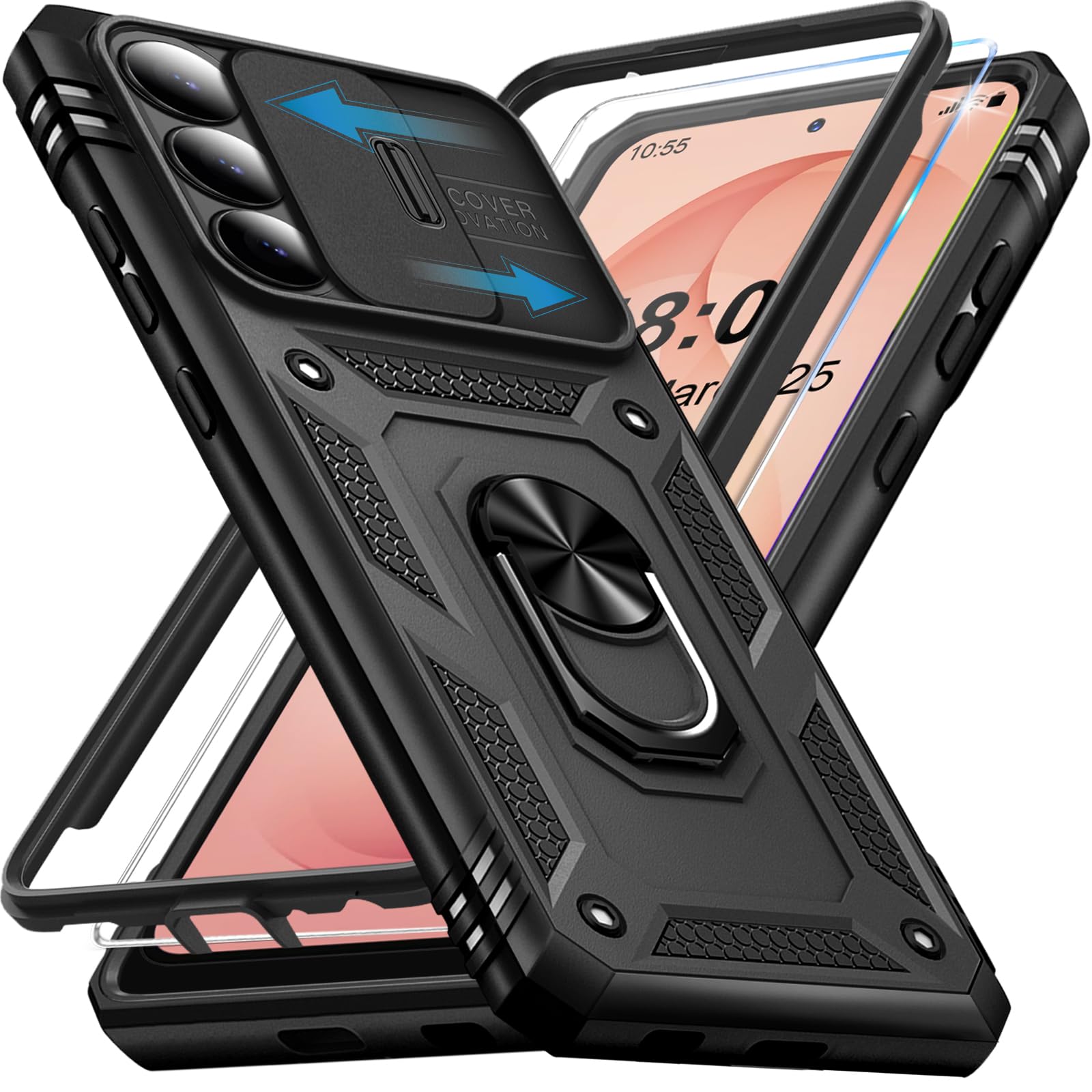 Giyer Cover per Samsung Galaxy S26 Plus Custodia con Vetro Temperato, Antiurto Grado Militare 360° Anello Supporto Armor Bumper Case, Antiurto per Samsung S26 Plus 5G Cover (Noir)