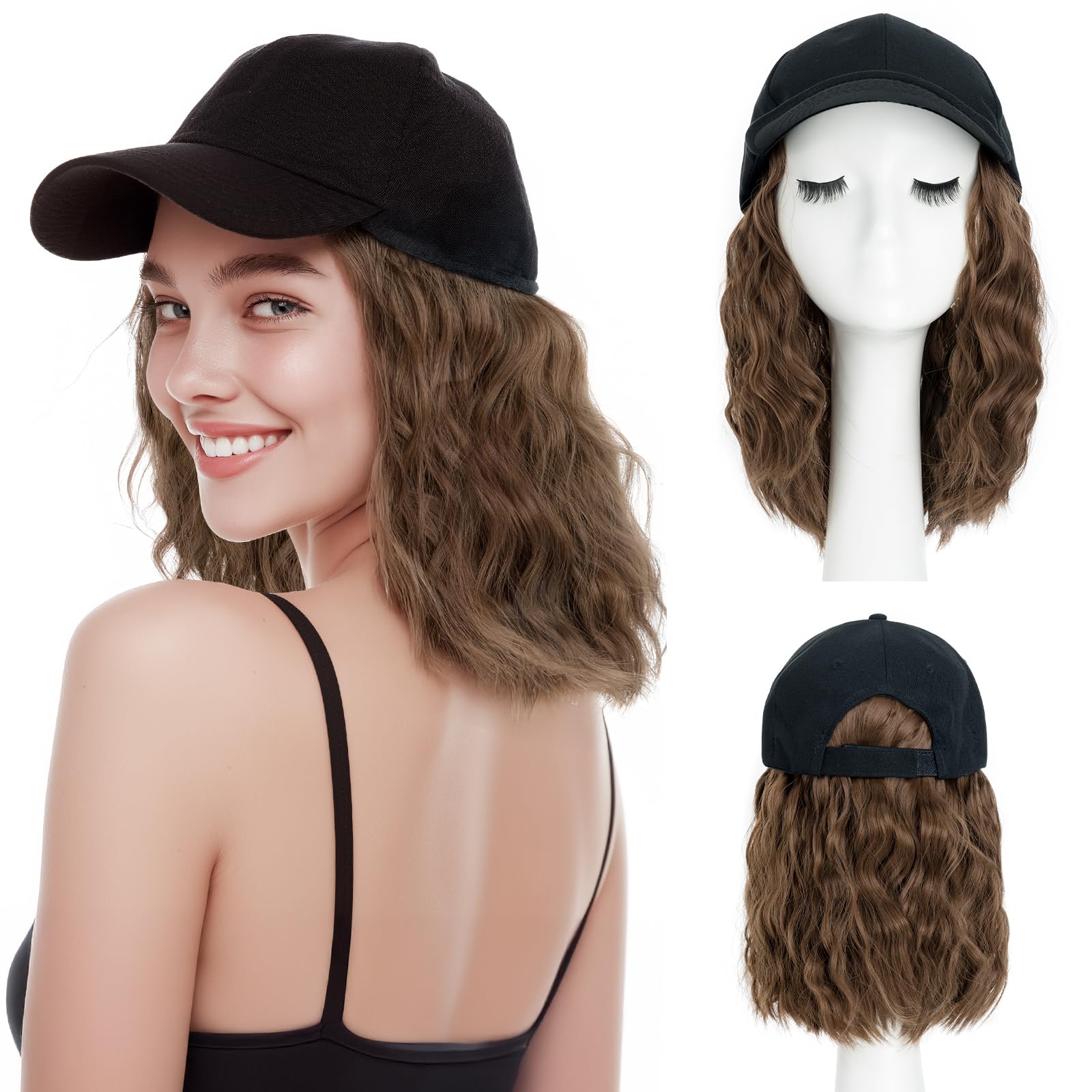 SEGO Hat with Hair Baseball Cap with Hair Extensions for Women Heat Resistant Synthetic 8 Inch Adjustable Long Curly Hairpiece Replacement Wigs in Hat