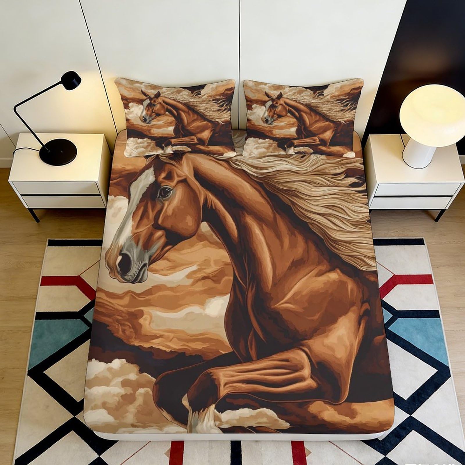 3D Printed Galloping Horse Fitted Sheet Microfiber Soft Bed Cover, Wild Stallion Mattress Protection Decor for Bedroom 160x200x25cm