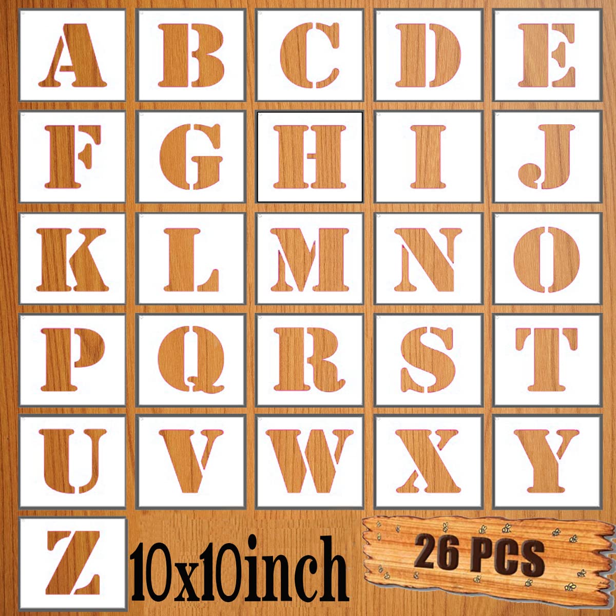 LYPER 10x10Inch Letter Stencils Set, 26Pcs Plastic Reusable Scale Spraying Alphabet Stencils Learning Templates for Painting Painting Wood Wall Home Decor,DIY Craft Projects,Family Names