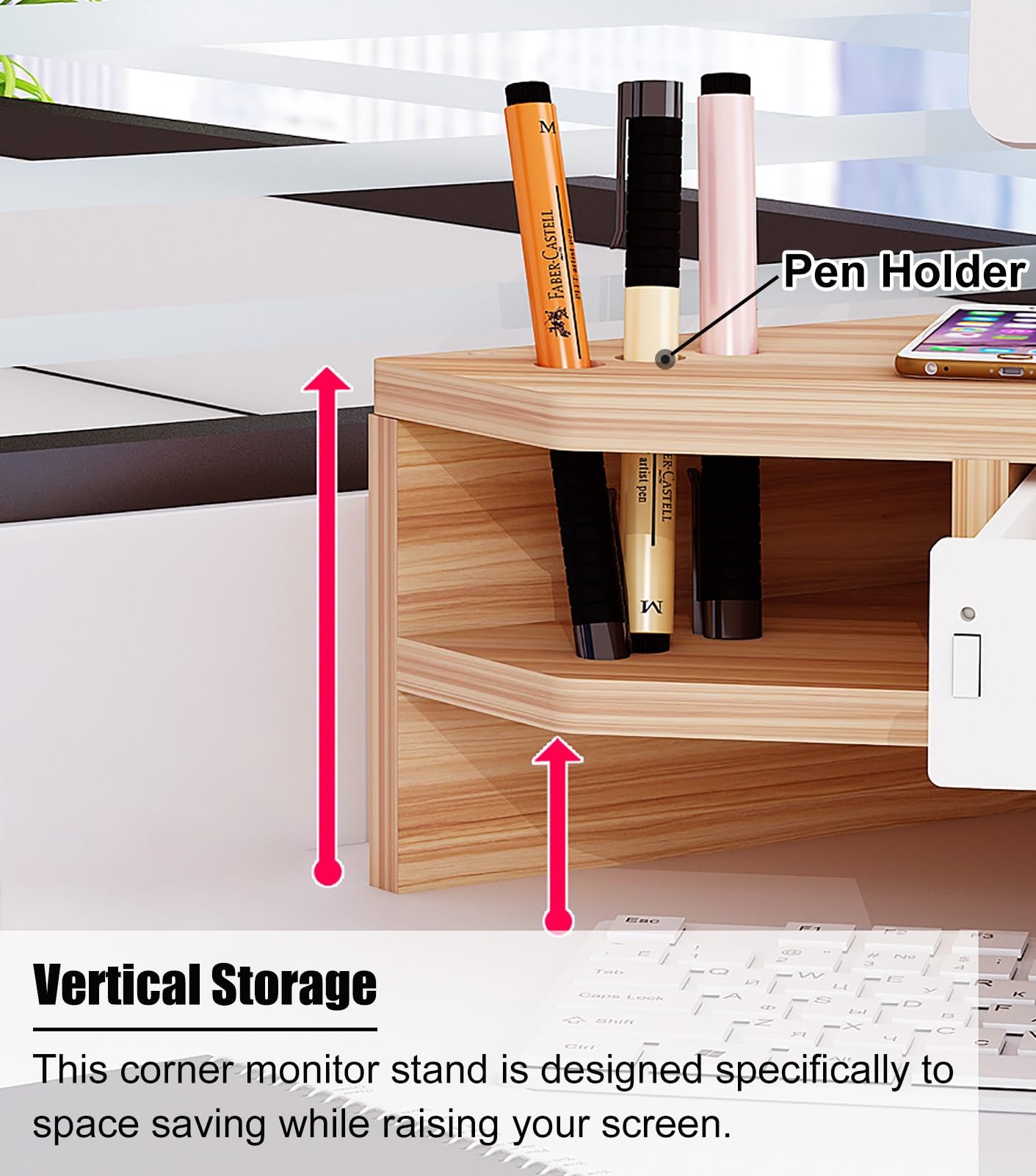 Supporto angolare per monitor a 2 livelli, triangolare, con cassetto, ergonomico, per scrivania, in legno naturale