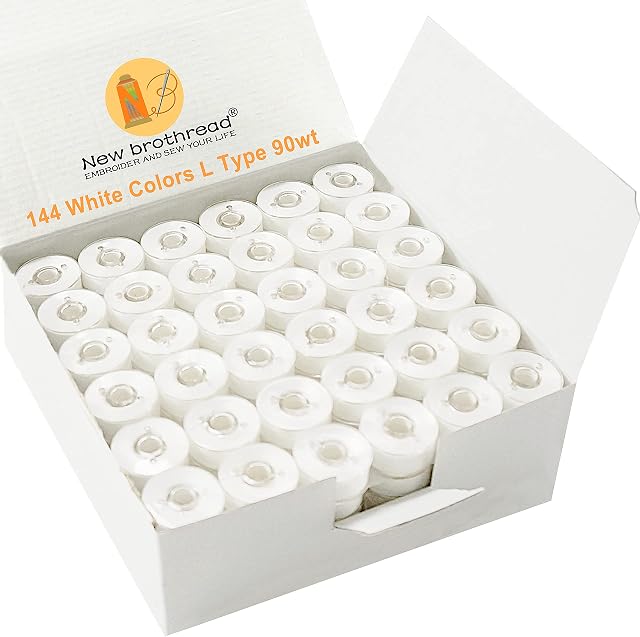 New brothread 144pcs Type L Size (SA155) White Prewound Bobbin Thread Plastic Side for Particular Embroidery and Sewing Machines - 90wt