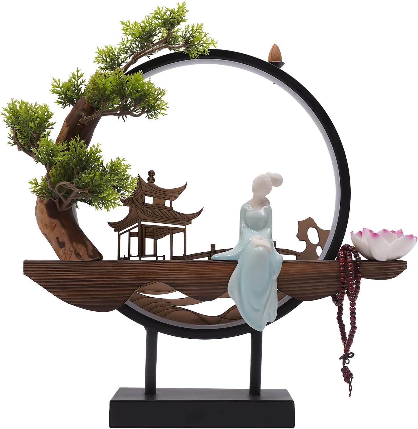 Backflow Incense Holder with LED Light Ring, Chinese Style Handmade Flower Censer Incense Burner with USB Cable for Home Decor Aromatherapy Ornament Incense Holders with Backflow (Green Pine)