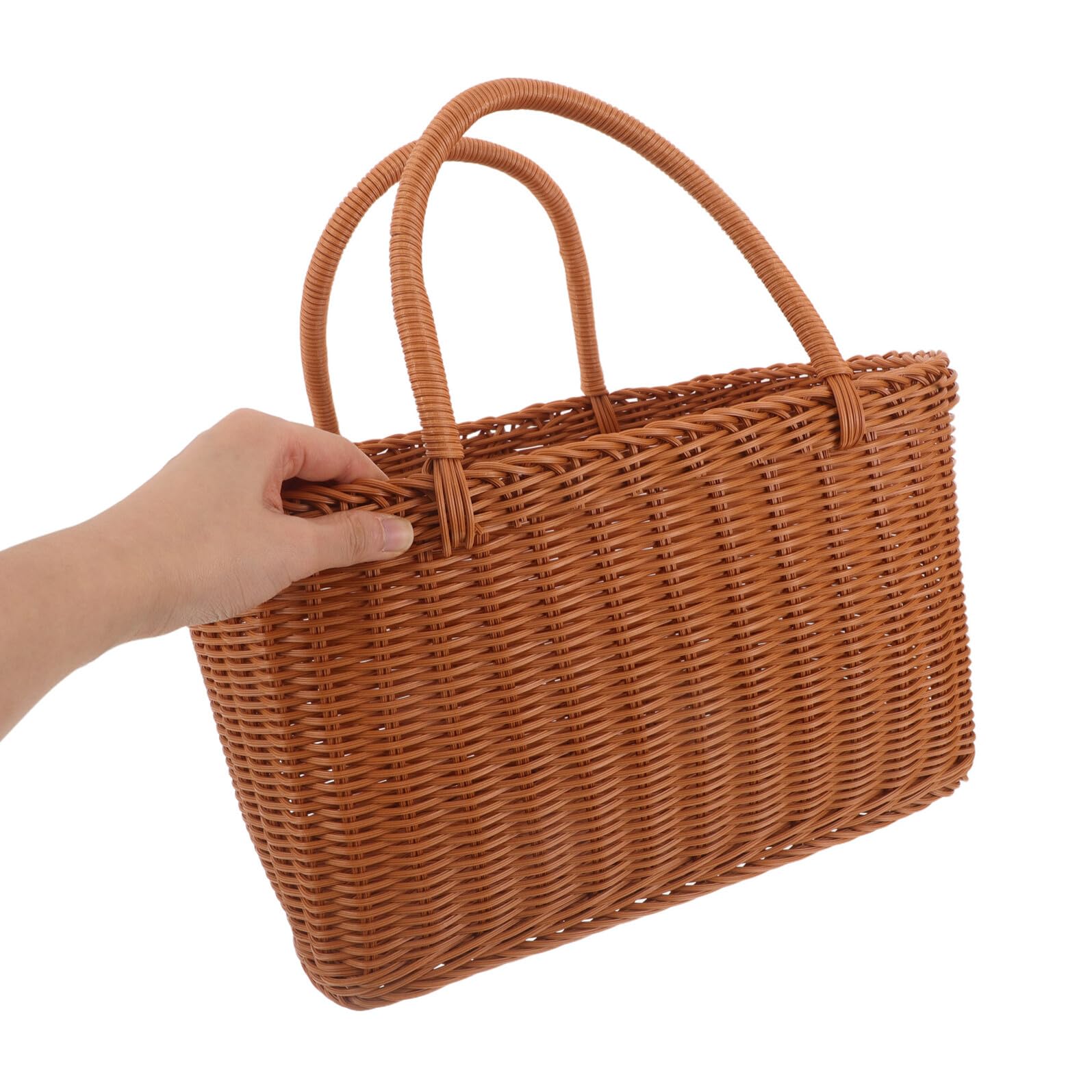 Panier Tissé Imitation Rotin Léger et Solide Cabas Paille pour Cueillette Rangement Légumes et Fruits Panier de Pique- Campagne Pratique et Portable