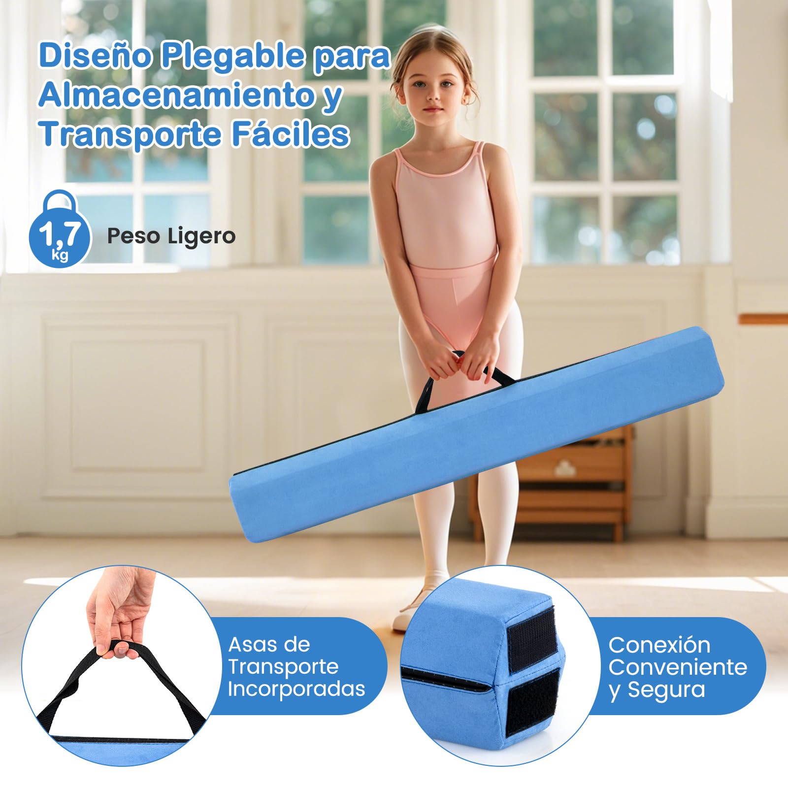 COSTWAY 210 cm Barra de Equilibrio Plegable Gimnasia con Funda de Suede Antideslizante