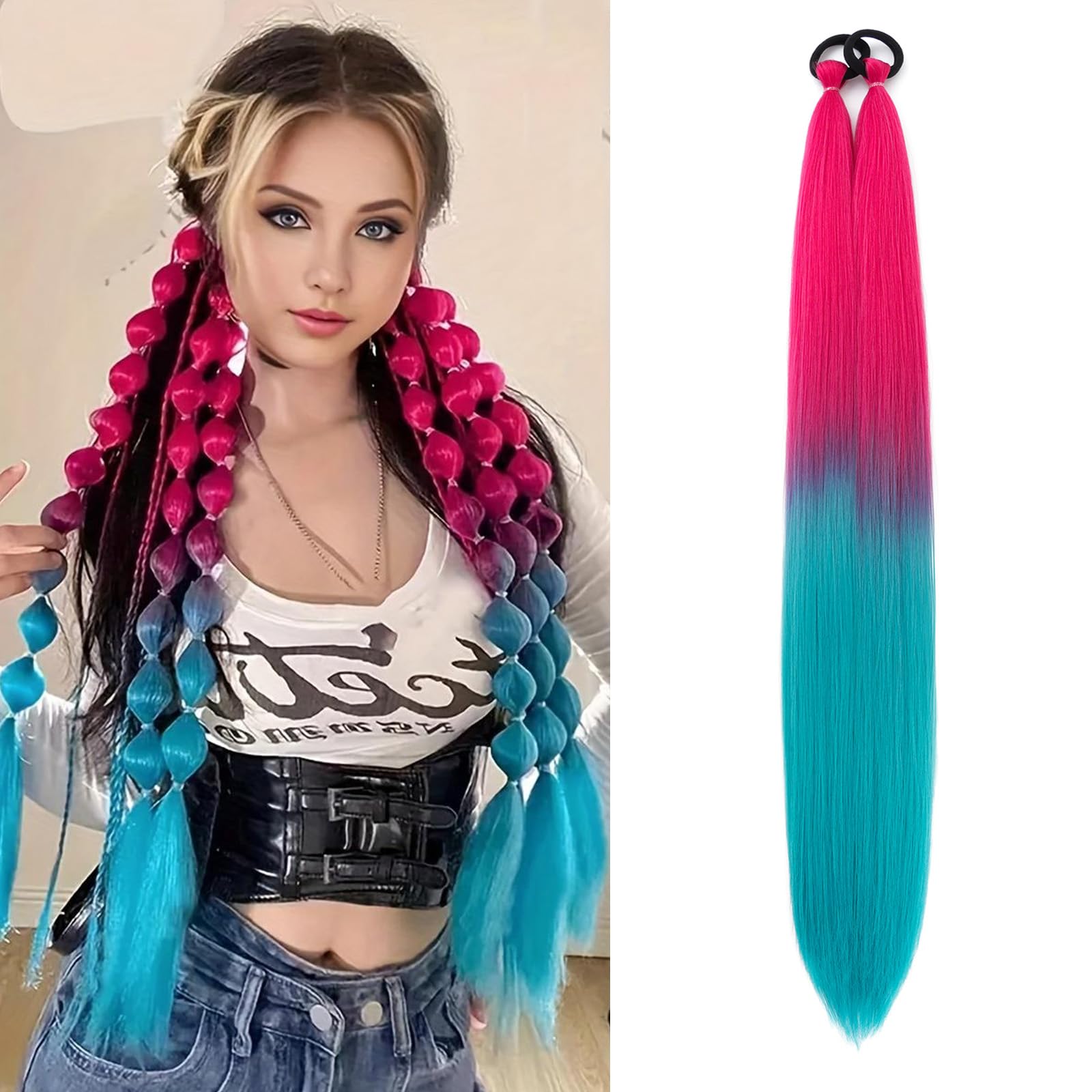 S-noilite Ombre Ponytail Hair Extensions with Hair Tie for Women Girls,Colored Synthetic Hairpiece Daily Party Costume DIY Braiding,26inch 2pcs,Peach Red to Lake Green