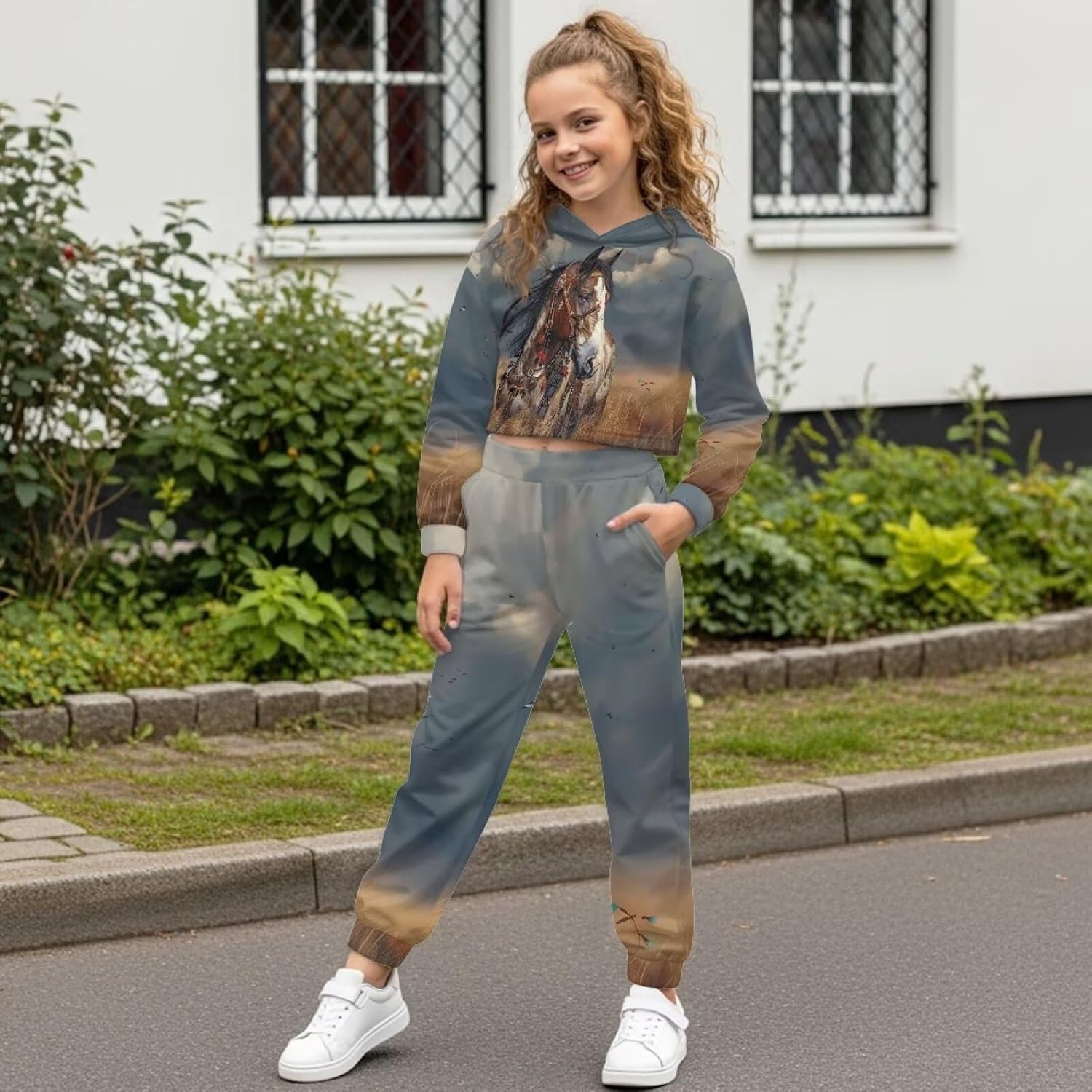 Xpyiqun Tracksuits for Girls 4-13 Years Hoodies and Joggers Sweatpants 2 Piece Clothing Set Kids Crop Sweatshirt