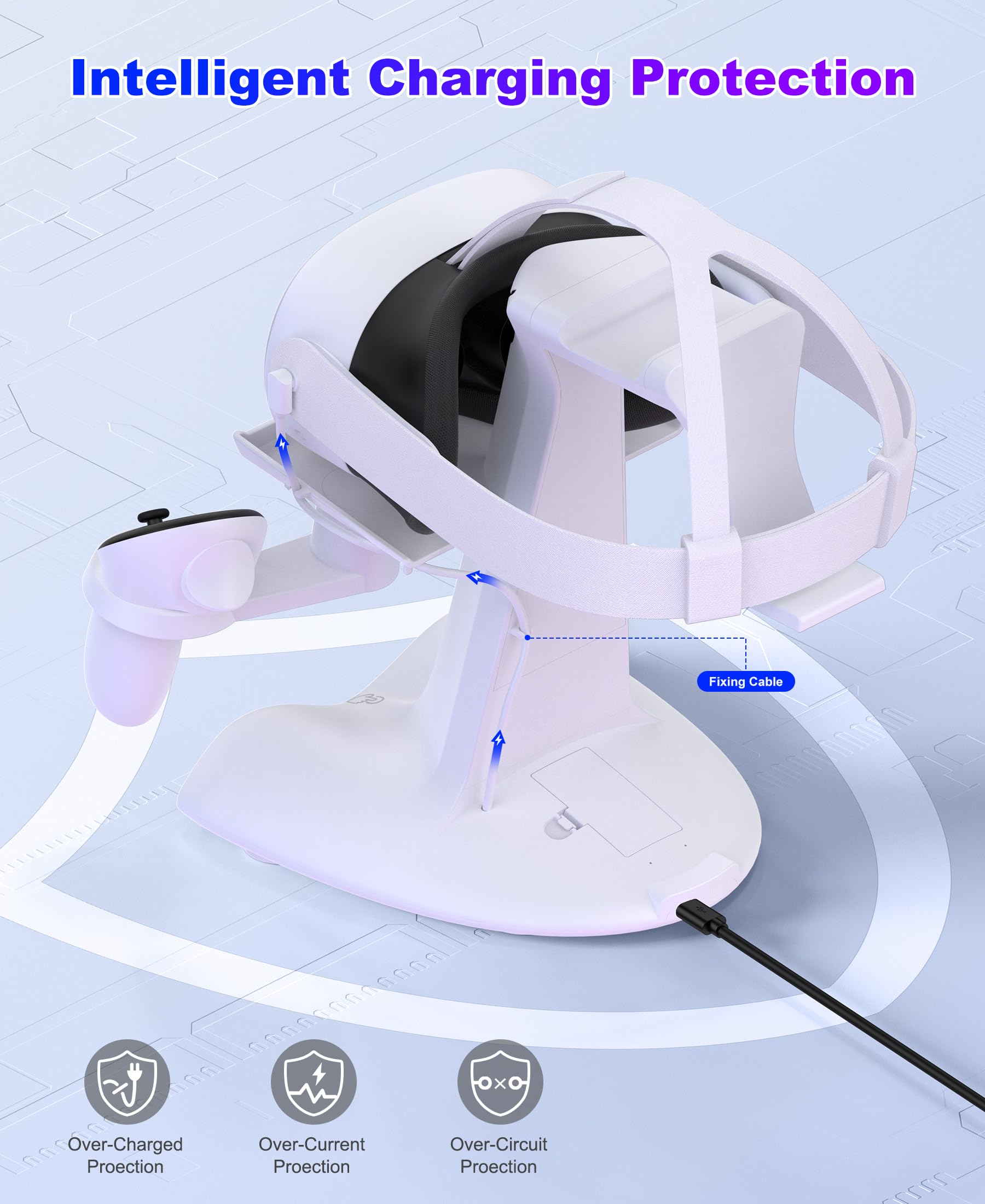 Kawaye Supporto di ricarica rapida per Quest 3, supporto verticale per cuffie VR e controller supporto di ricarica con luce RGB, accessori VR con 2 batterie ricaricabili