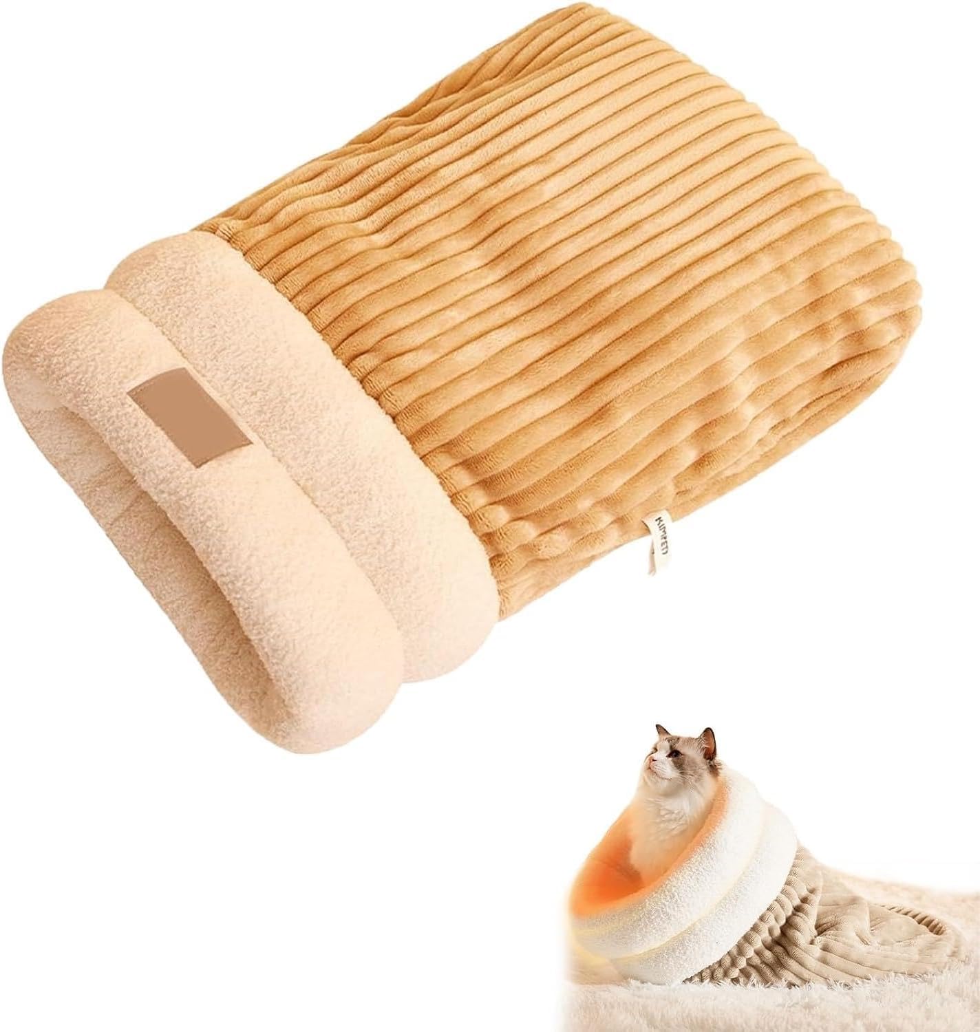 Cat Sleeping Bag,Soft Plush Warm Pet Sleeping Bag for Indoor Cats, Self Warming Cat Nest Bed, 360°Wrap Comfortable Pet Snuggle Sack (Brown,44X37cm)