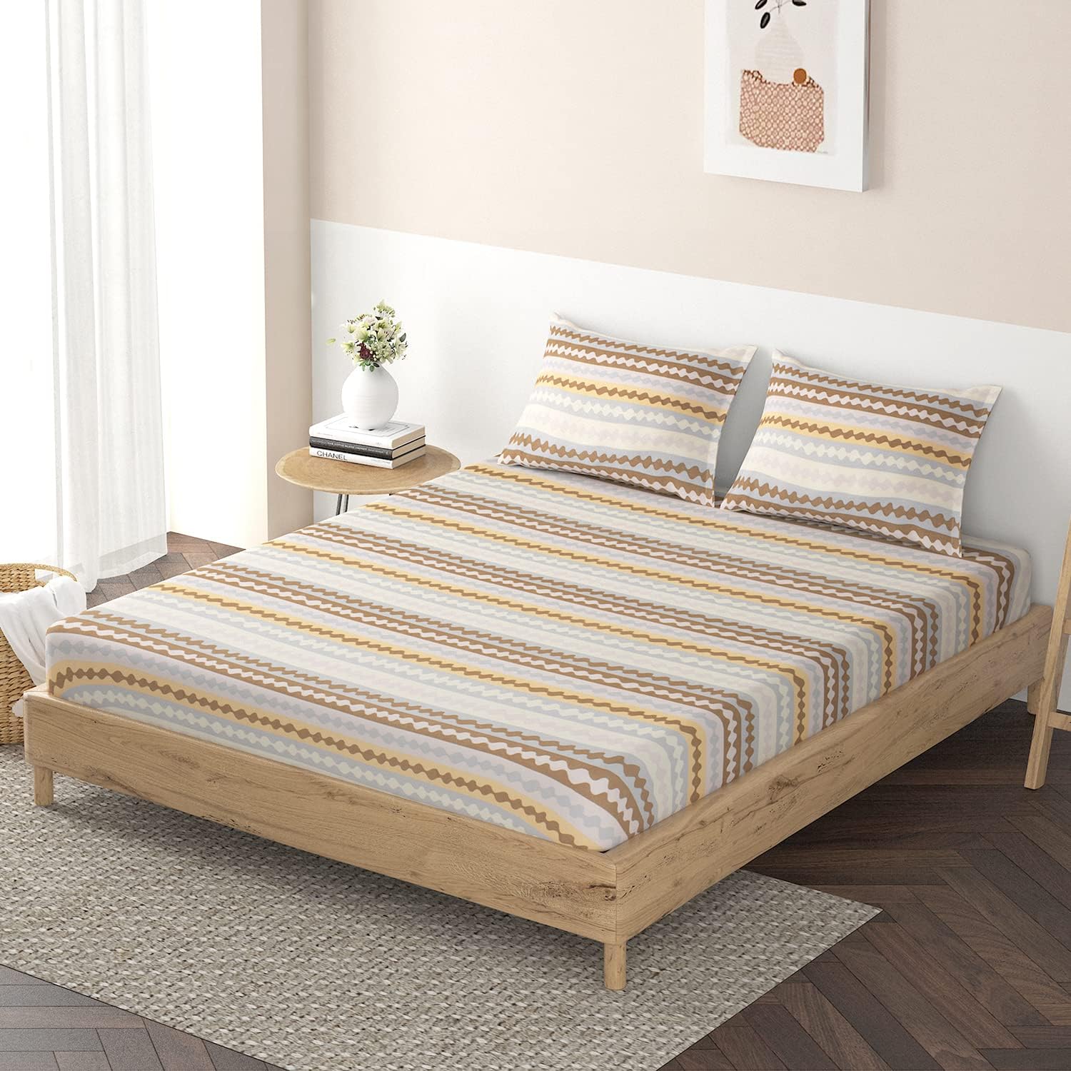DECOMIZER 300 TC Cotton Feel Glace Cotton Elastic Fitted Printed King Size Double Bed Bedsheet with 2 Pillow Coverm Fits Upto 8 inches Mattress,Size- 72x78x10 Inches,Brown Lines