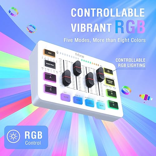 Vista 15 de FIFINE Mezclador de audio para juegos, mezclador de PC RGB para streaming con interfaz de micrófono XLR, control individual, atenuador de volumen