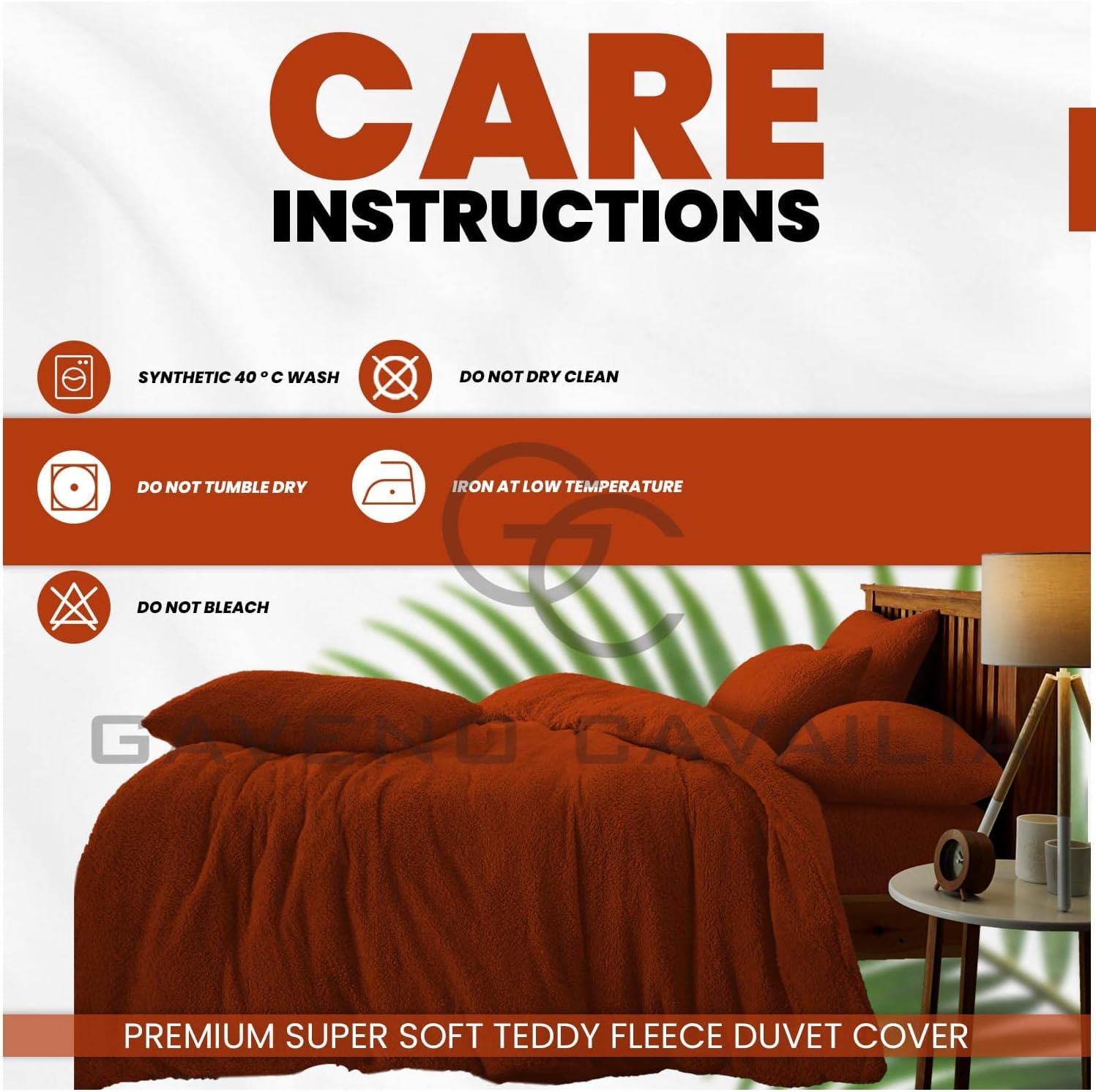 GC GAVENO CAVAILIA Teddy Fleece Bedding Set King Size - Soft Warm Cosy Duvet Cover with Pillowcases - Burnt Orange - Image 4