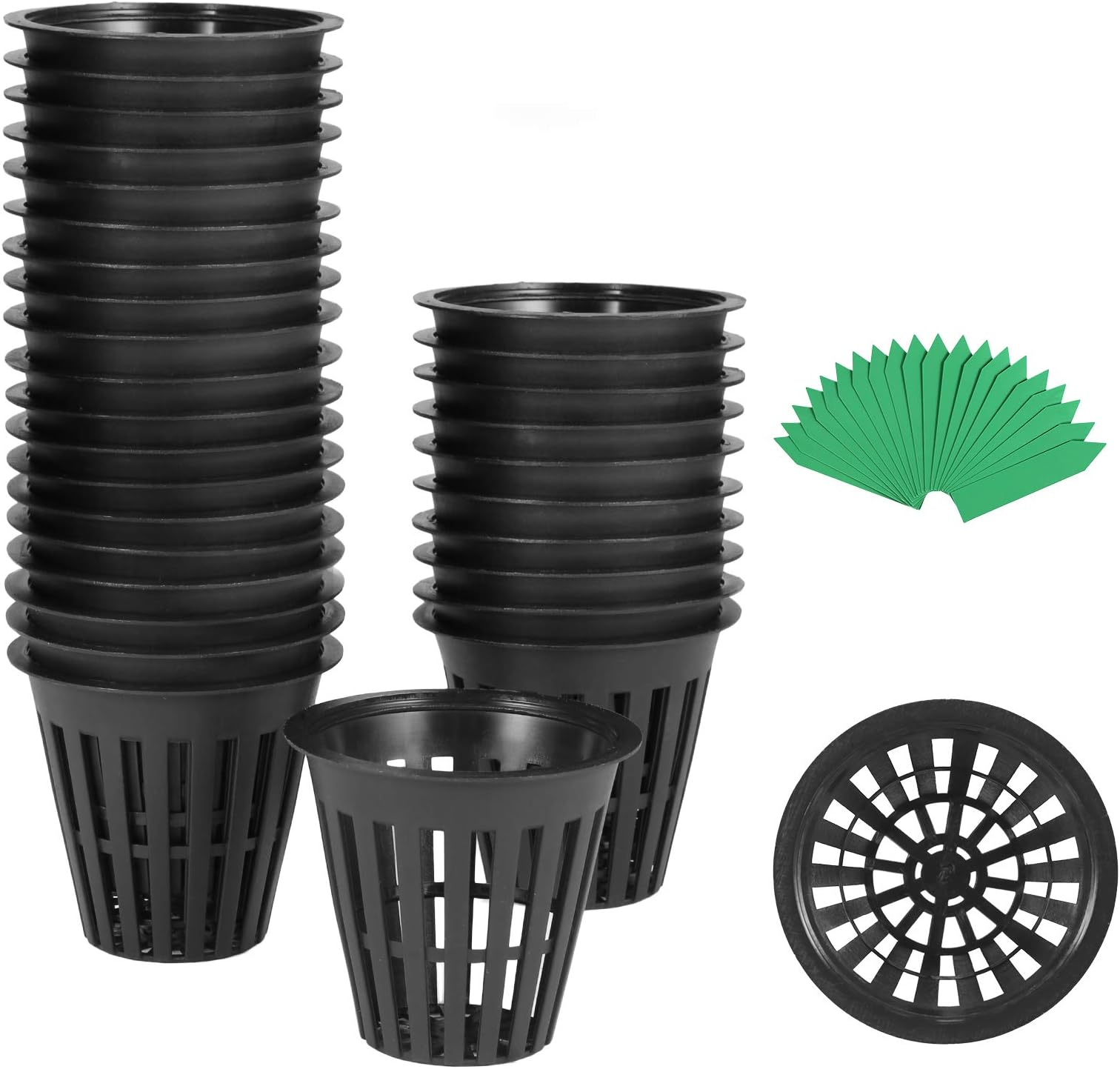 Akarden 100PCS 2 Inch Garden Slotted Mesh Net Cups, Plastic Plant Nursery Pots with 100PCS Plant Label, Hydroponics Slotted Mesh
