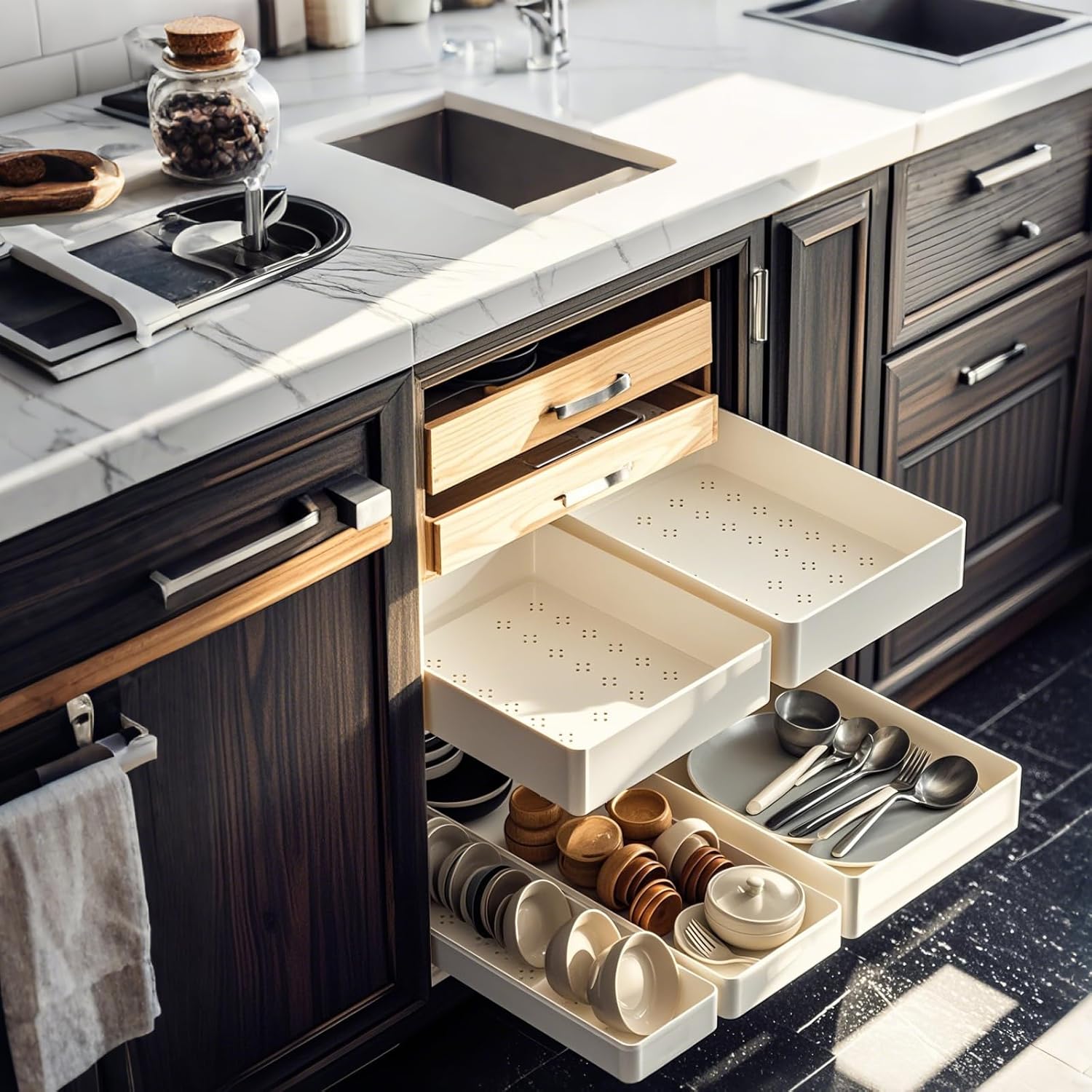 Pull Out Cabinet Organizer with Slide Out Drawers, Under Sink Organizer for Kitchen & Bathroom, White, Small Sizes