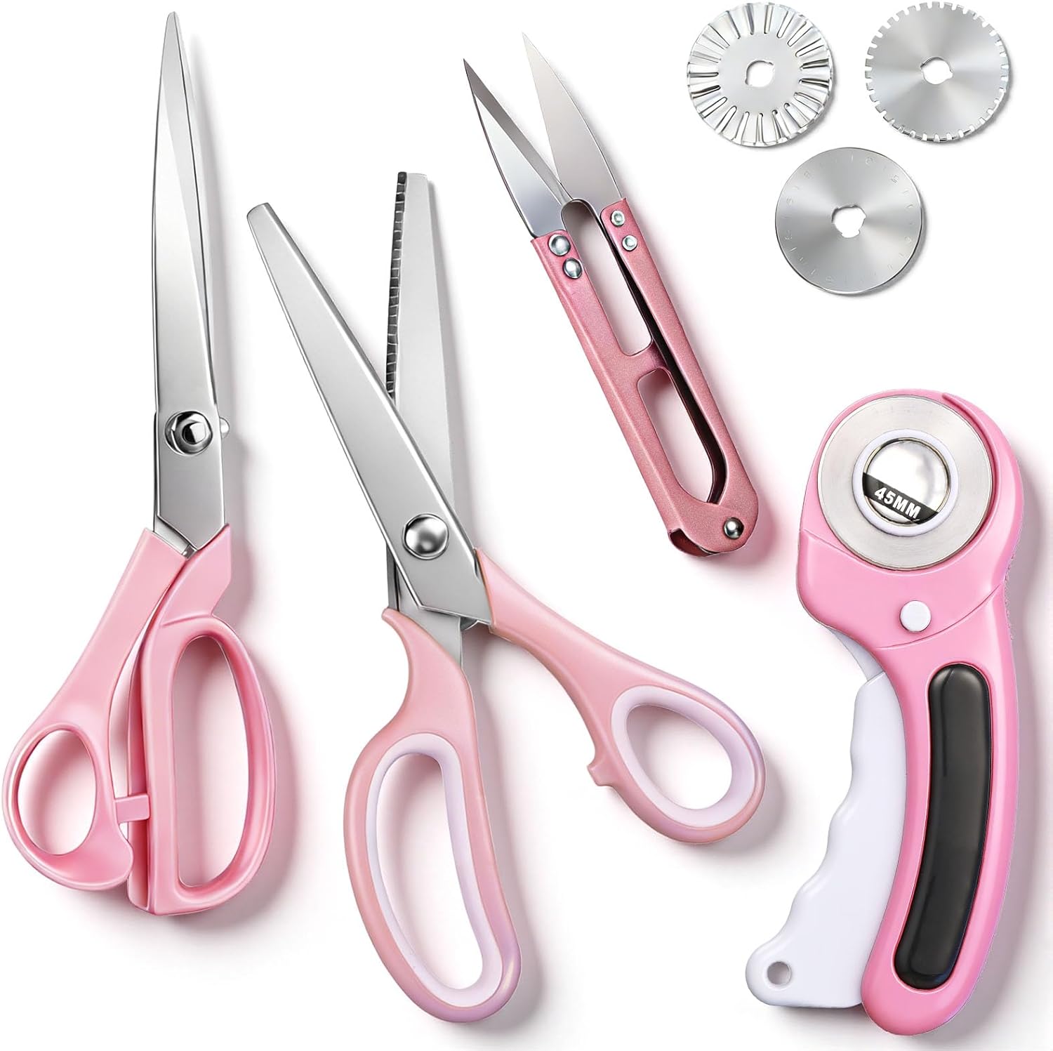 Lothee 4 Pack Left Handed Sewing Tool Kit 8'' Left Handed Fabric Scissor 45 mm Rotary Cutter with 3 Replacement Blades 8.9'' Zig Zag Scissor 4.13'' Thread Trimmer Pink Set for Fabric Cutting