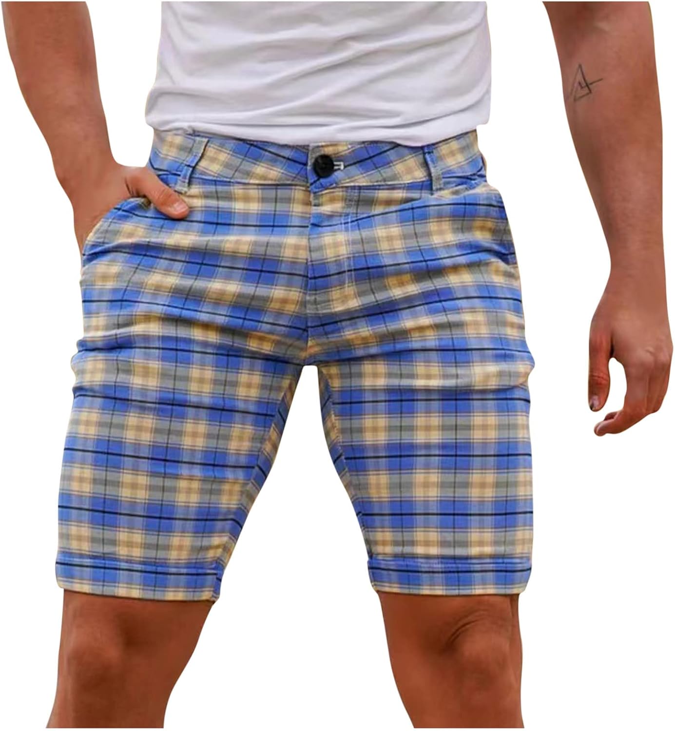 Ymosrh Men's Shorts Summer Elastic Waist Plaid Short Skinny Fit Fashion Fitness Shorts Casual Stretchy Shorts, S-3XL
