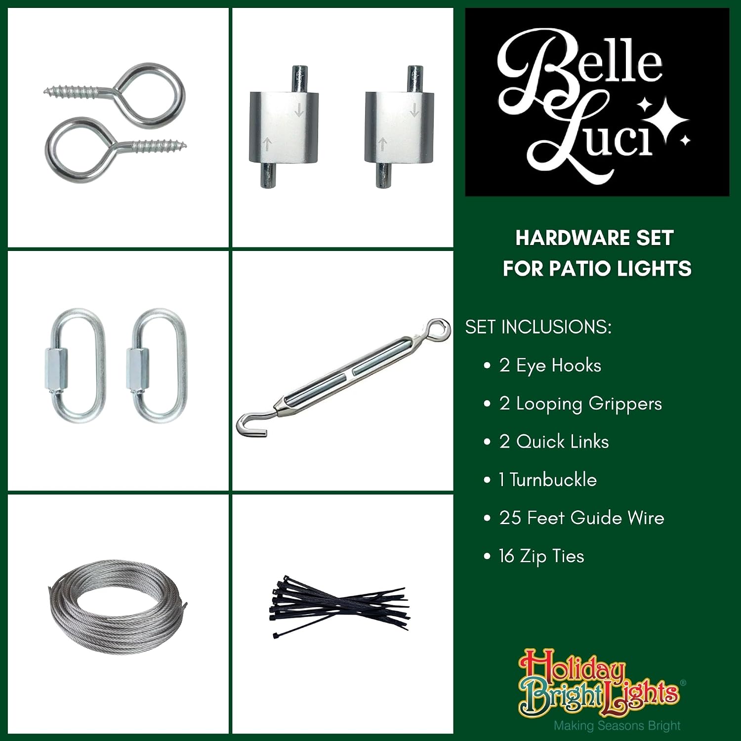 Holiday Bright Lights Belle Luci String Light Hanging Kit - Professional Outdoor Patio Light Hardware Set