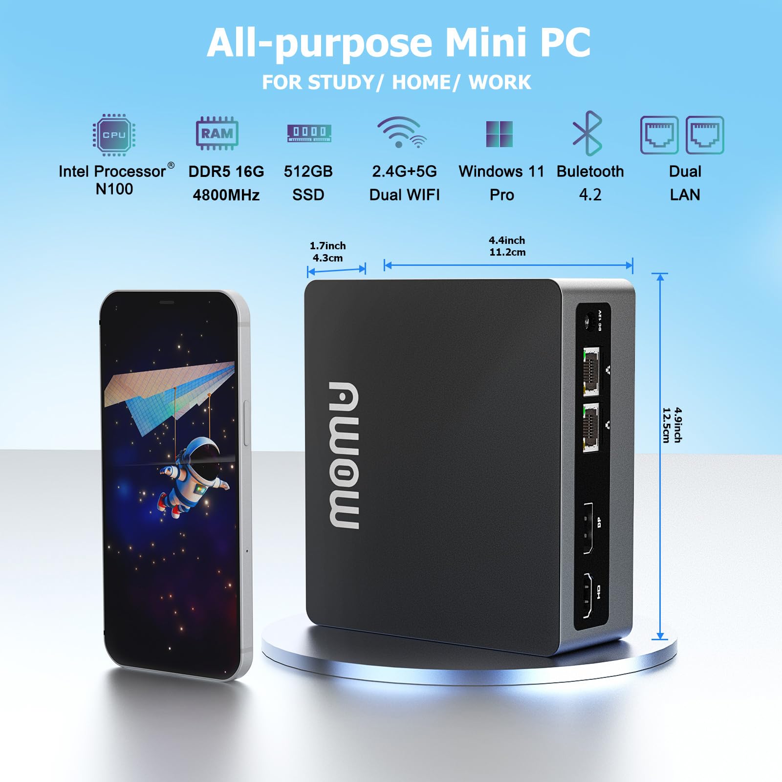 AWOW Mini PC Wi-11 Pro Gen12 N100 Quad Core 3.40GHz, 16GB DDR5