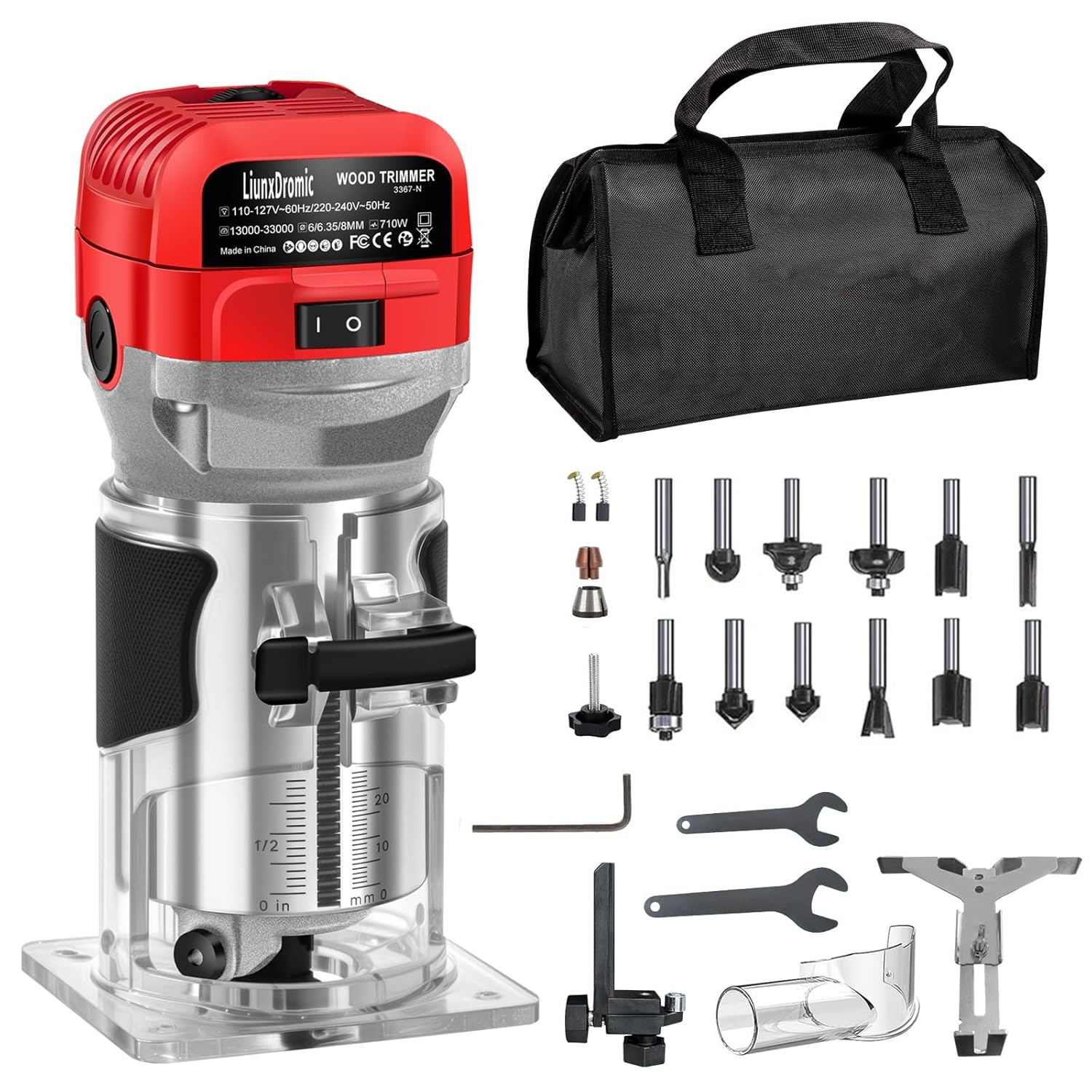 Router Tool, 6.5Amp 1.25HP Wood Routers for Woodworking, 13000-33000 RPM 6 Variable SpeedsHand Wood Tool Compact Edge Trimmer with 12 1/4" Router Bit Set (US6)