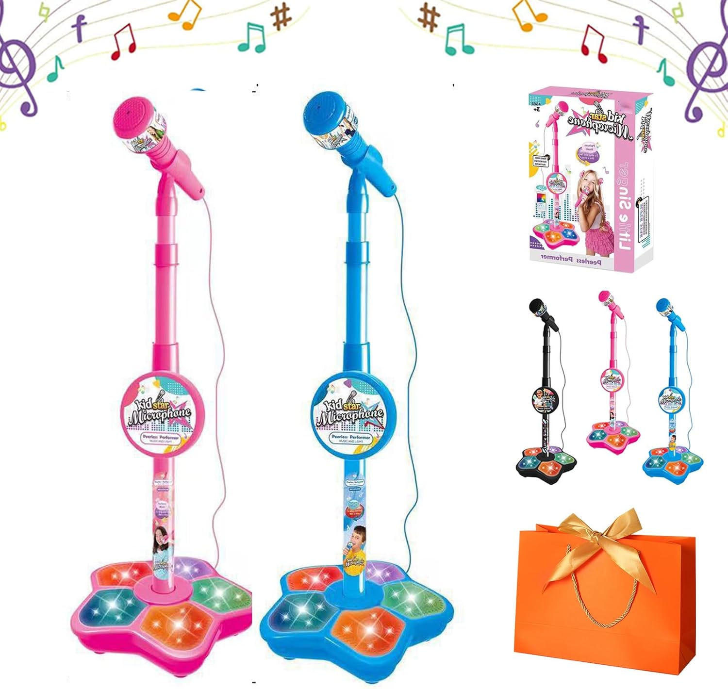 2026 New The All-in-One Microphone Toy, Kids Microphone with Stand Adjustable, Speaker & Led Lights, Move to Play Kids Karaoke Microphone for Singing, Boys & Girls, (Pink+Blue)