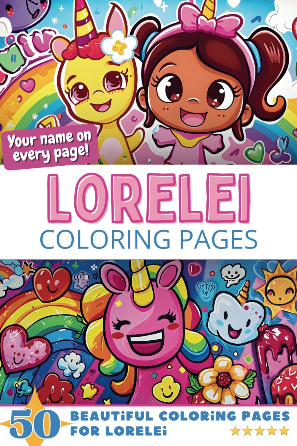 Lorelei Coloring Pages: Wow-Effect! Your name on every page - Lorelei coloring book - 6x9" - 50x Lorelei coloring page - Fantastic Gift