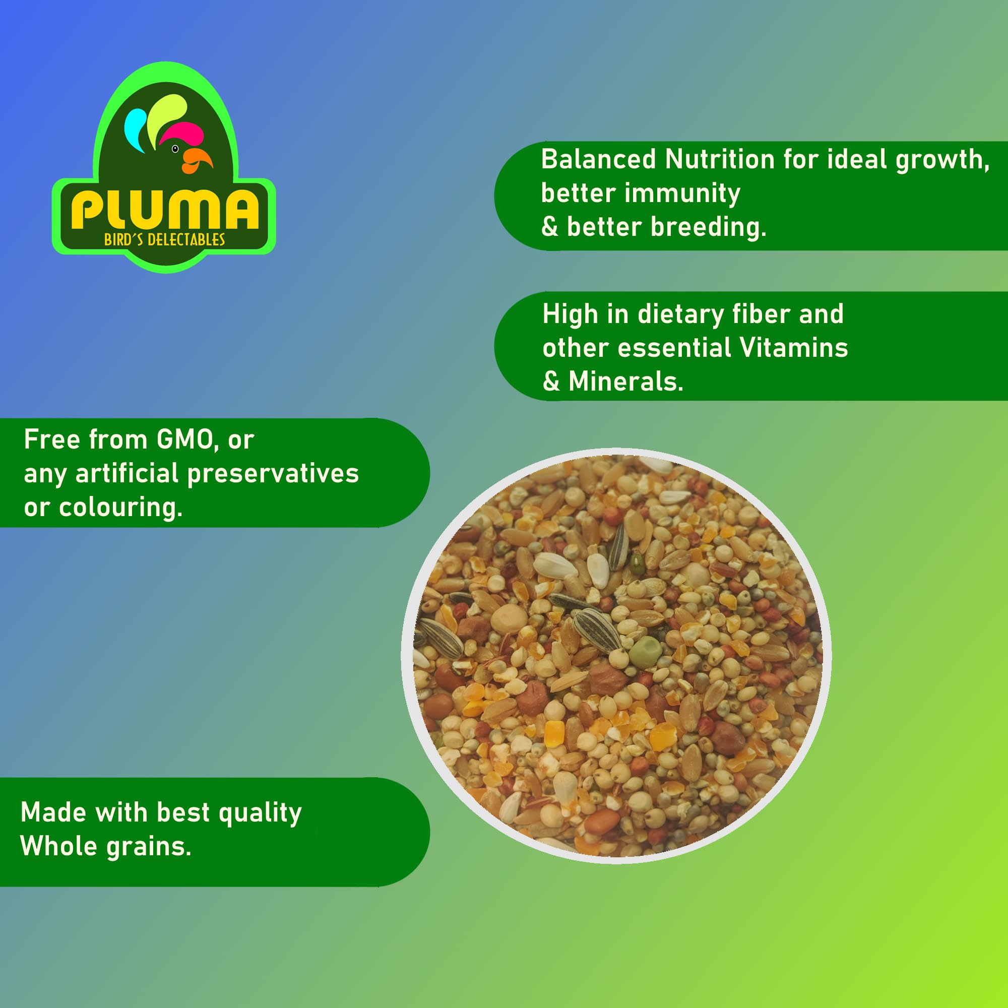 PLUMA BIRD'S DELECTABLES Bird Food for Wild Birds, Parrots, Pigeon, Sparrows, Dove - 800 G | Premium Seed and Millet Mix | Daily Feed for Adult & Self Feeding Birds. 1