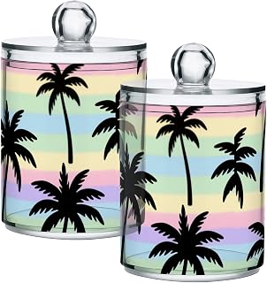 2 Pack Apothecary Jars Black Coconut Palm Tree Bathroom Vanity Storage Organizer Set,Small Clear Plastic Storage Jars Bathroom Canister for Cotton Swabs, Rounds, Balls, Qtips,Makeup Sponges, Fl