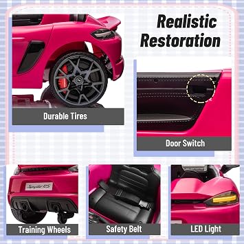 12V Ride on Car Licensed Porsche 718, Kids Electric Car with Remote Control, Front/Rear LED Light, Radio, USB/AUX, Openable Doors, Suspension Function, Durable Tires (Pink)